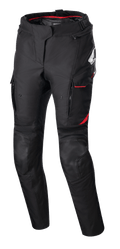 Pantaloni da donna Stella Honda Andes V3 Drystar®, pantaloni da moto in tessuto, neri con accenti rosso brillante, loghi Honda e Alpinestars, tasche cargo con profili rossi, pannelli rinforzati sulle ginocchia, cinturino regolabile in vita e fodera interna rossa in vita.