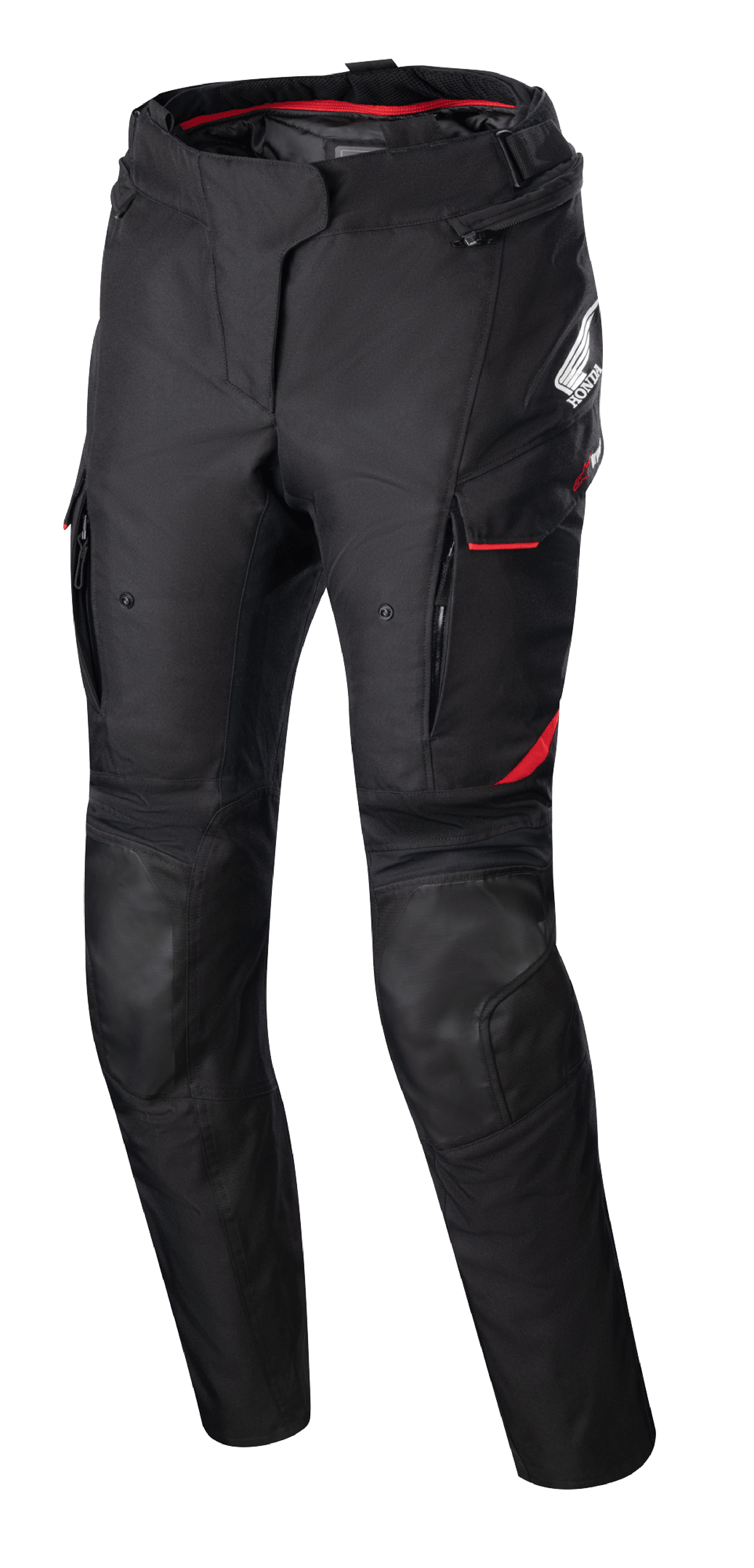 Pantaloni da donna Stella Honda Andes V3 Drystar®, pantaloni da moto in tessuto, neri con accenti rosso brillante, loghi Honda e Alpinestars, tasche cargo con profili rossi, pannelli rinforzati sulle ginocchia, cinturino regolabile in vita e fodera interna rossa in vita.