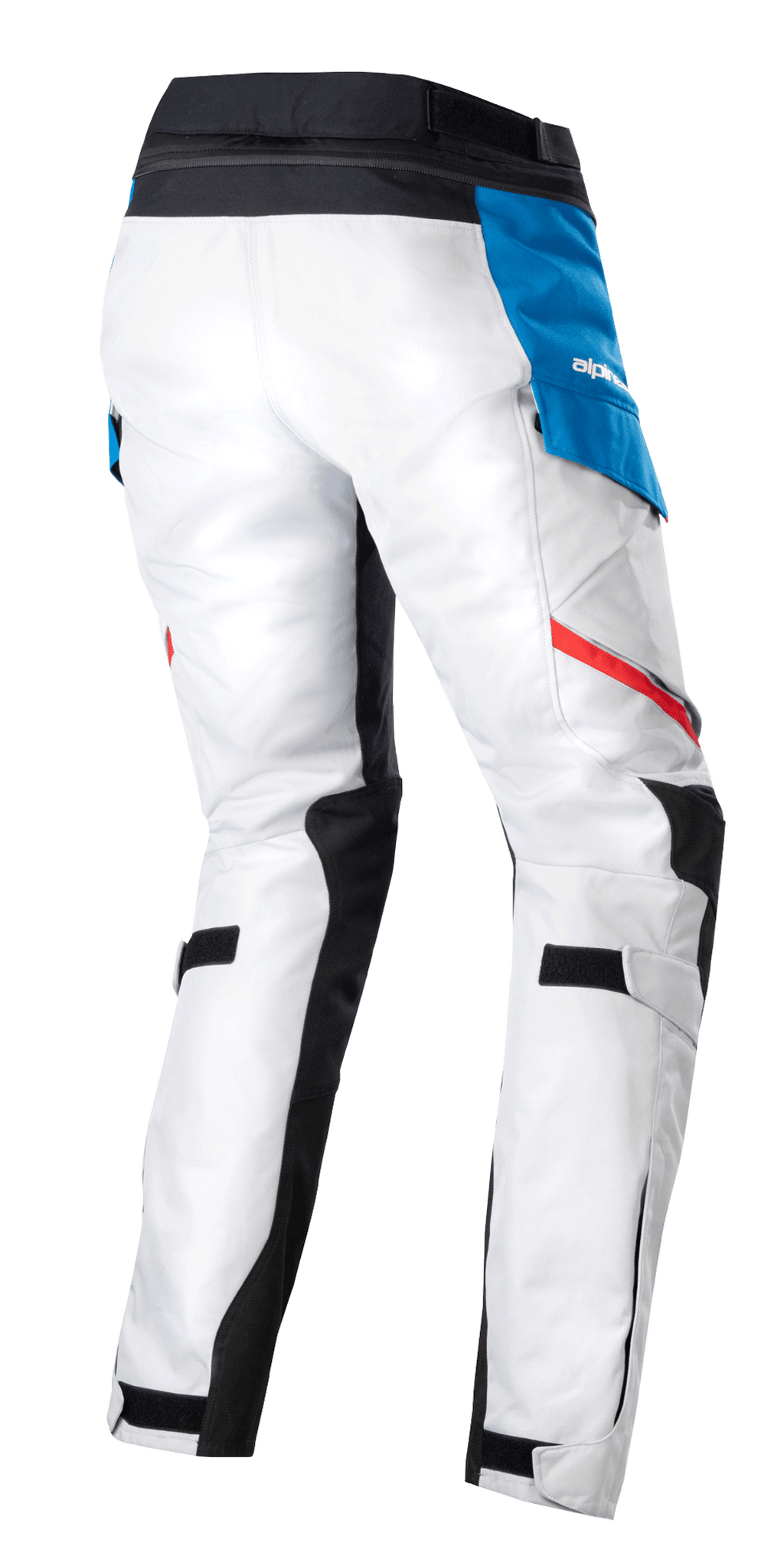 Pantaloni Alpinestars Stella Honda Andes V3 Drystar® da donna, pantaloni da moto adventure touring, Ice Gray Blue Bright Red, vista posteriore con costruzione in tessuto grigio ghiaccio, tasca laterale blu con logo bianco, vita nera e strisce rosse
