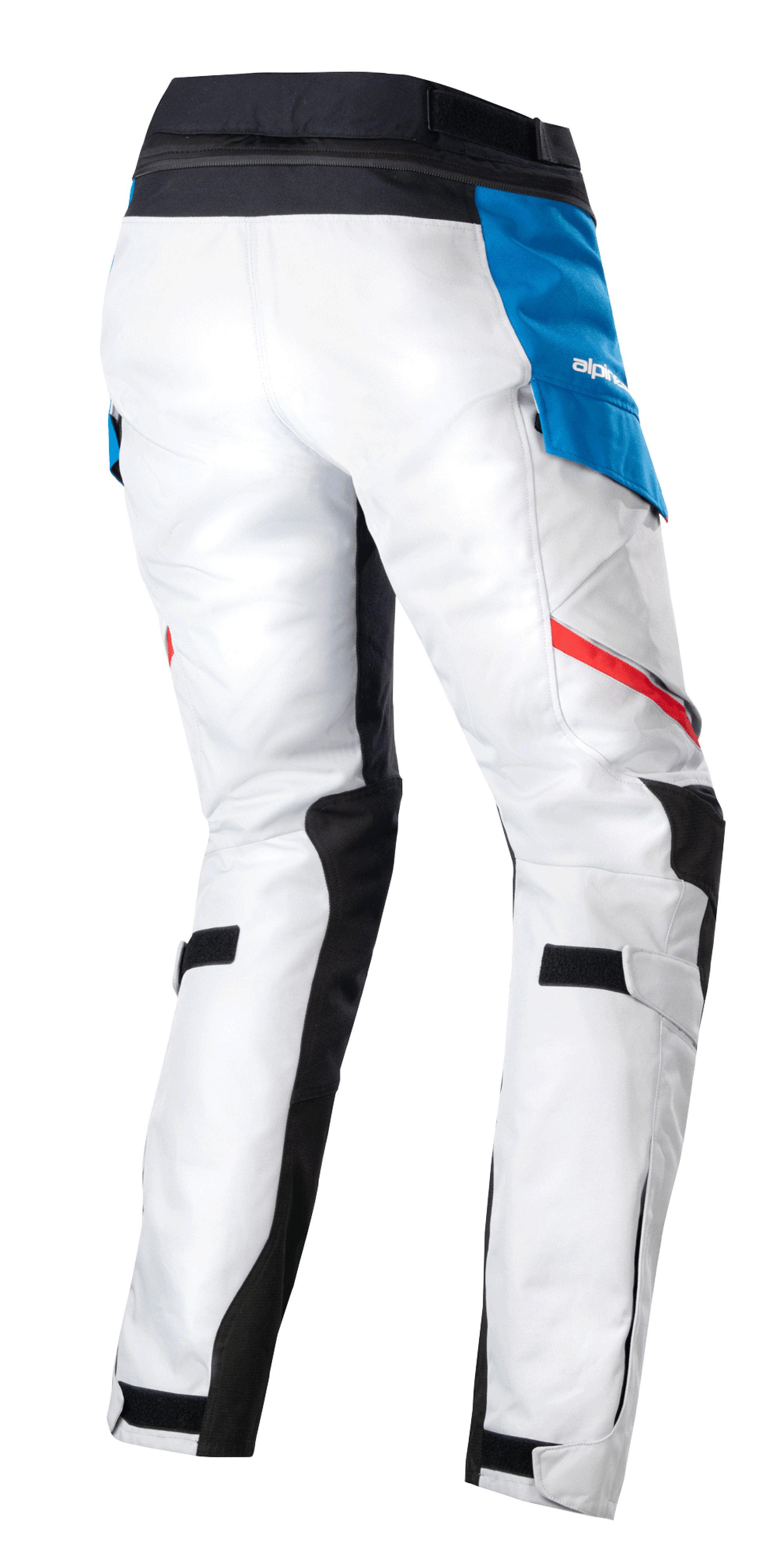 Pantaloni Alpinestars Stella Honda Andes V3 Drystar® da donna, pantaloni da moto adventure touring, Ice Gray Blue Bright Red, vista posteriore con costruzione in tessuto grigio ghiaccio, tasca laterale blu con logo bianco, vita nera e strisce rosse