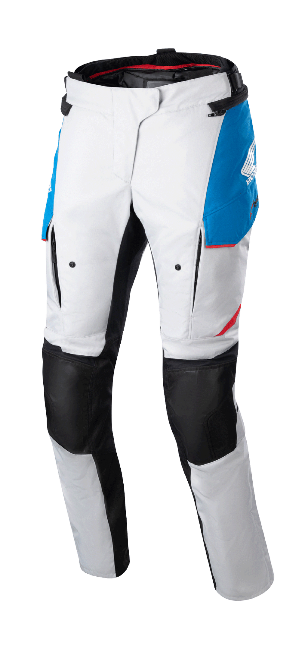 Alpinestars Stella Honda Andes V3 Drystar®, pantaloni moto touring da donna, grigio ghiaccio con dettagli blu e rosso brillante, pannelli neri rinforzati sulle ginocchia, tasche cargo e marchio Honda, design impermeabile adventure