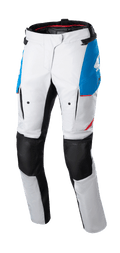Alpinestars Stella Honda Andes V3 Drystar®, pantaloni moto touring da donna, grigio ghiaccio con dettagli blu e rosso brillante, pannelli neri rinforzati sulle ginocchia, tasche cargo e marchio Honda, design impermeabile adventure