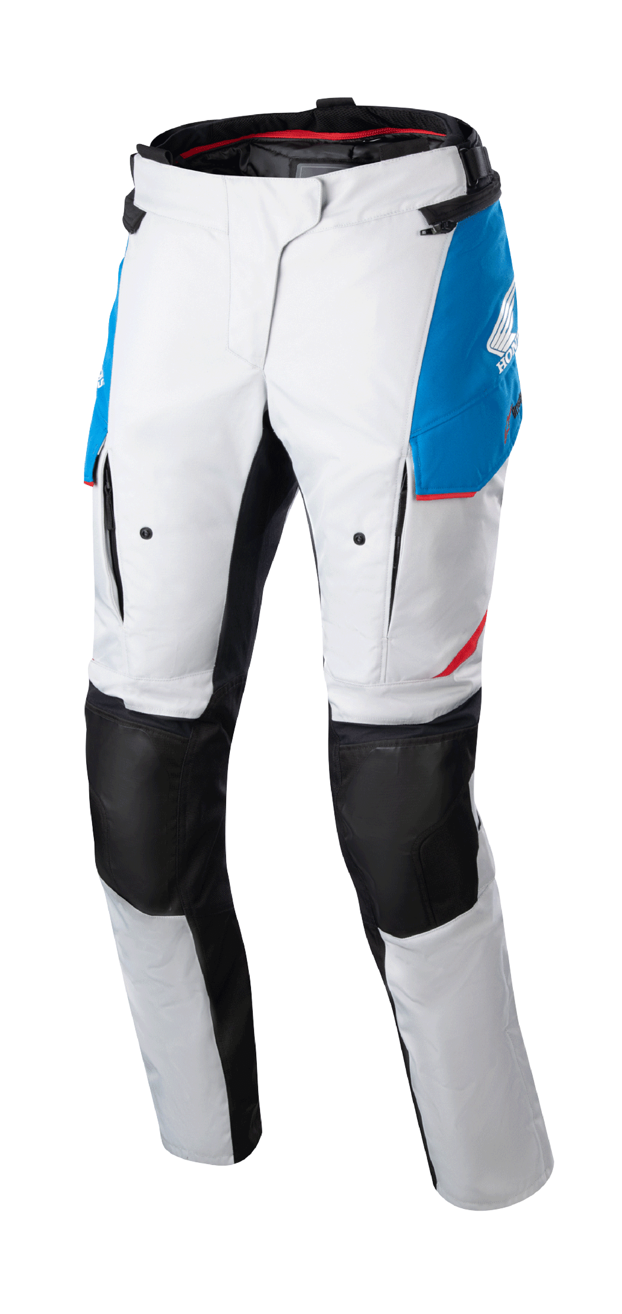 Alpinestars Stella Honda Andes V3 Drystar®, pantaloni moto touring da donna, grigio ghiaccio con dettagli blu e rosso brillante, pannelli neri rinforzati sulle ginocchia, tasche cargo e marchio Honda, design impermeabile adventure