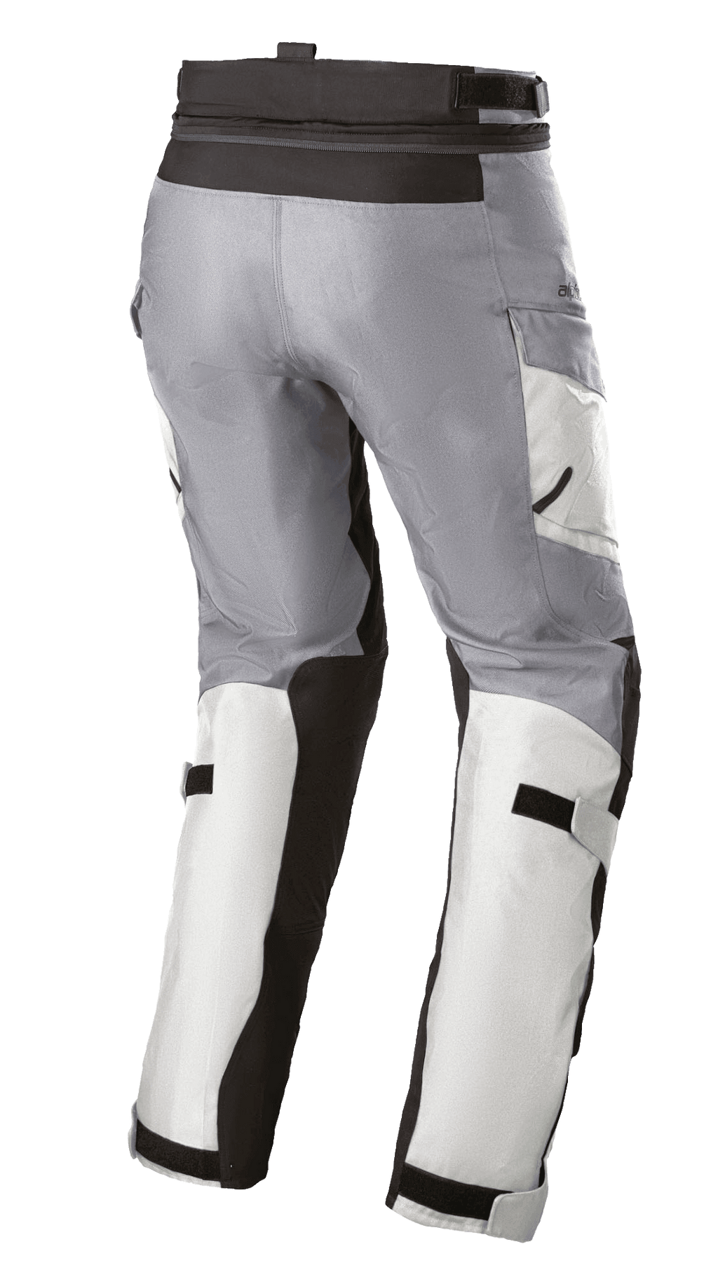 Alpinestars Pantaloni Stella Andes V3 Drystar® da donna, pantaloni da moto touring, grigio ghiaccio e grigio scuro, vista posteriore di tre quarti con regolazioni in vita e sui polpacci, tasche cargo e pannelli rinforzati