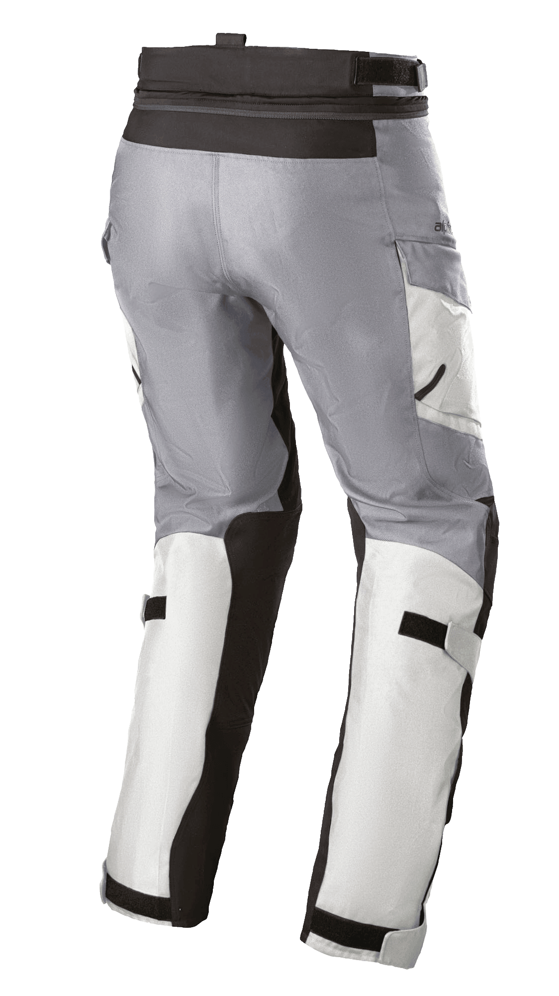 Alpinestars Pantaloni Stella Andes V3 Drystar® da donna, pantaloni da moto touring, grigio ghiaccio e grigio scuro, vista posteriore di tre quarti con regolazioni in vita e sui polpacci, tasche cargo e pannelli rinforzati