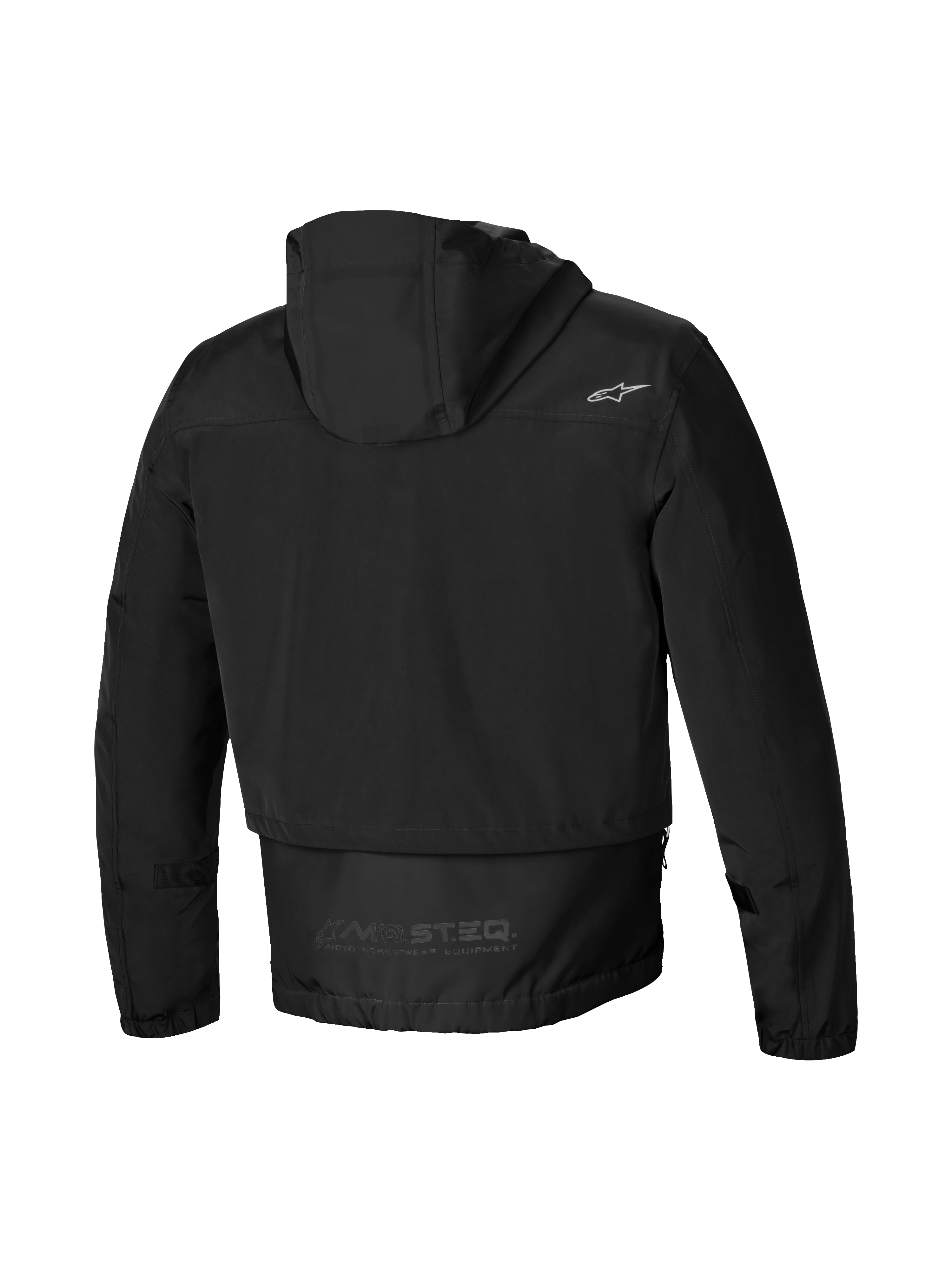 Alpinestars Parka Mootant Impermeabile, giacca da moto da uomo nera, vista posteriore con cappuccio, copertura posteriore estesa e marchio riflettente MO.ST.EQ.