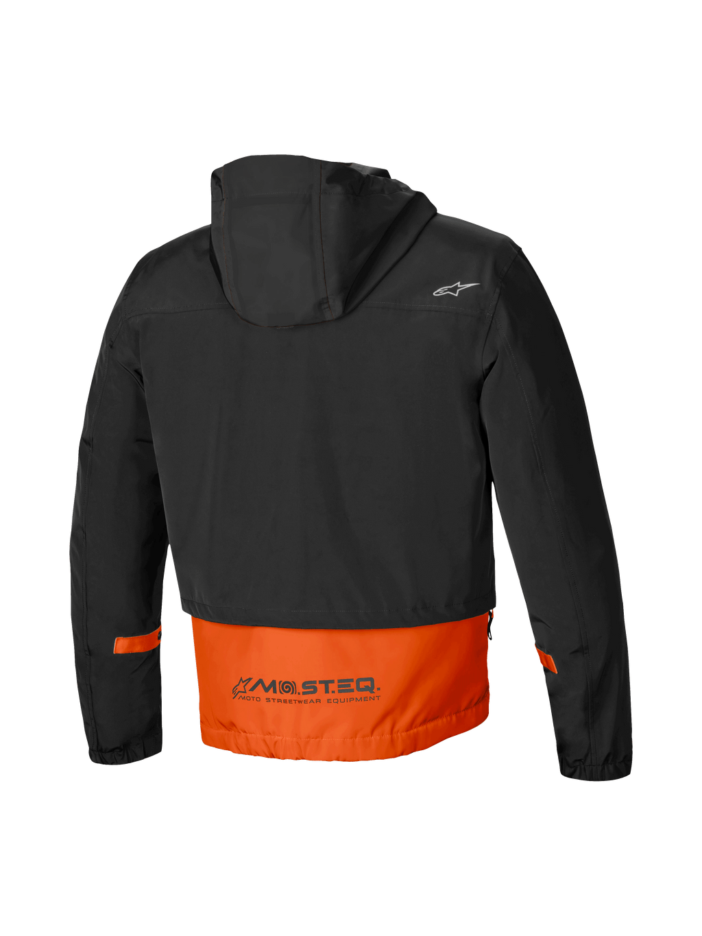 Parka Mootant Impermeabile, giacca da moto urbana da uomo, vista posteriore con cappuccio attaccato e scritta riflettente MO.ST.EQ. su combinazione di colori arancione e nero