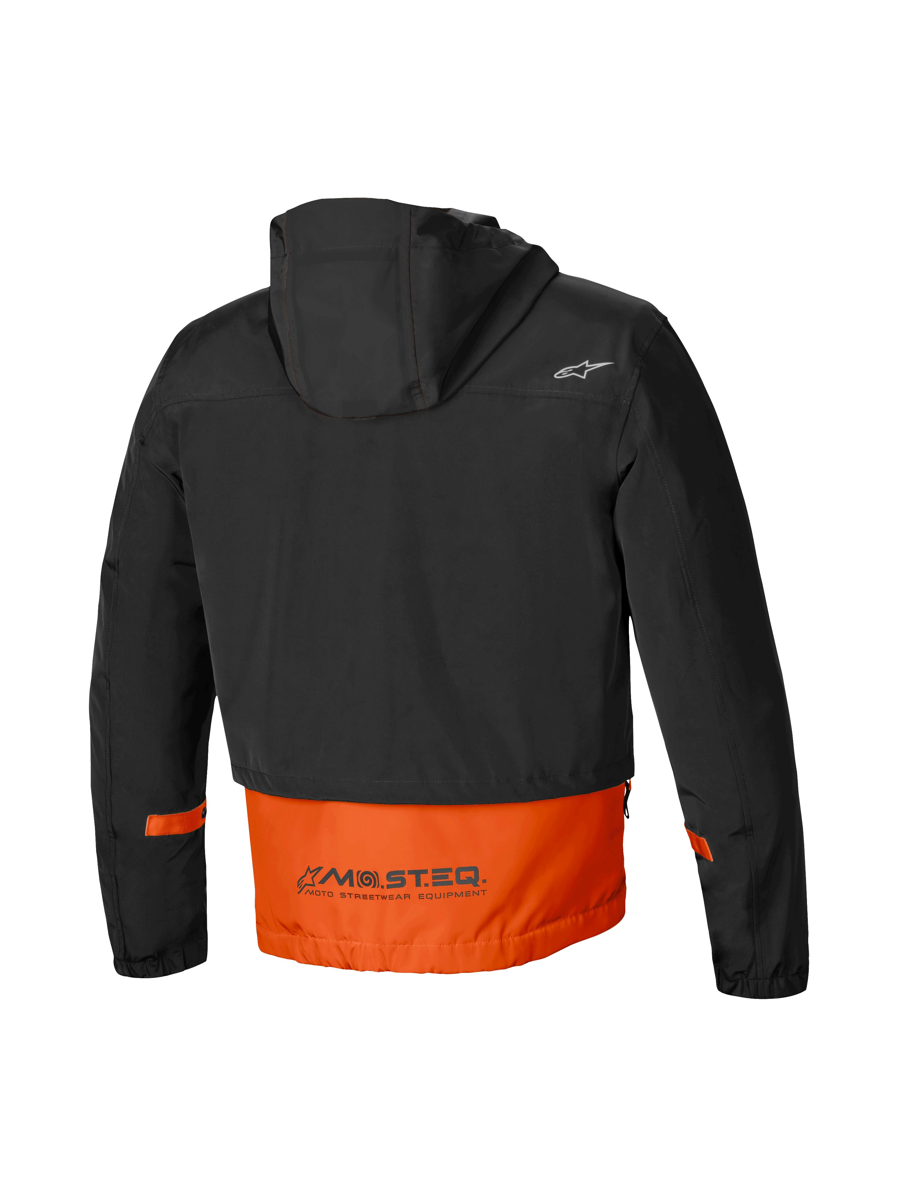 Parka Mootant Impermeabile, giacca da moto urbana da uomo, vista posteriore con cappuccio attaccato e scritta riflettente MO.ST.EQ. su combinazione di colori arancione e nero