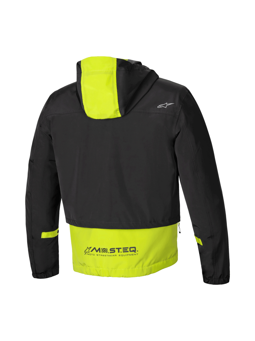Alpinestars Parka Mootant Impermeabile, giacca moto modulare da uomo, vista posteriore con cappuccio e marchio MO.ST.EQ., nero e lime punch, certificato CE