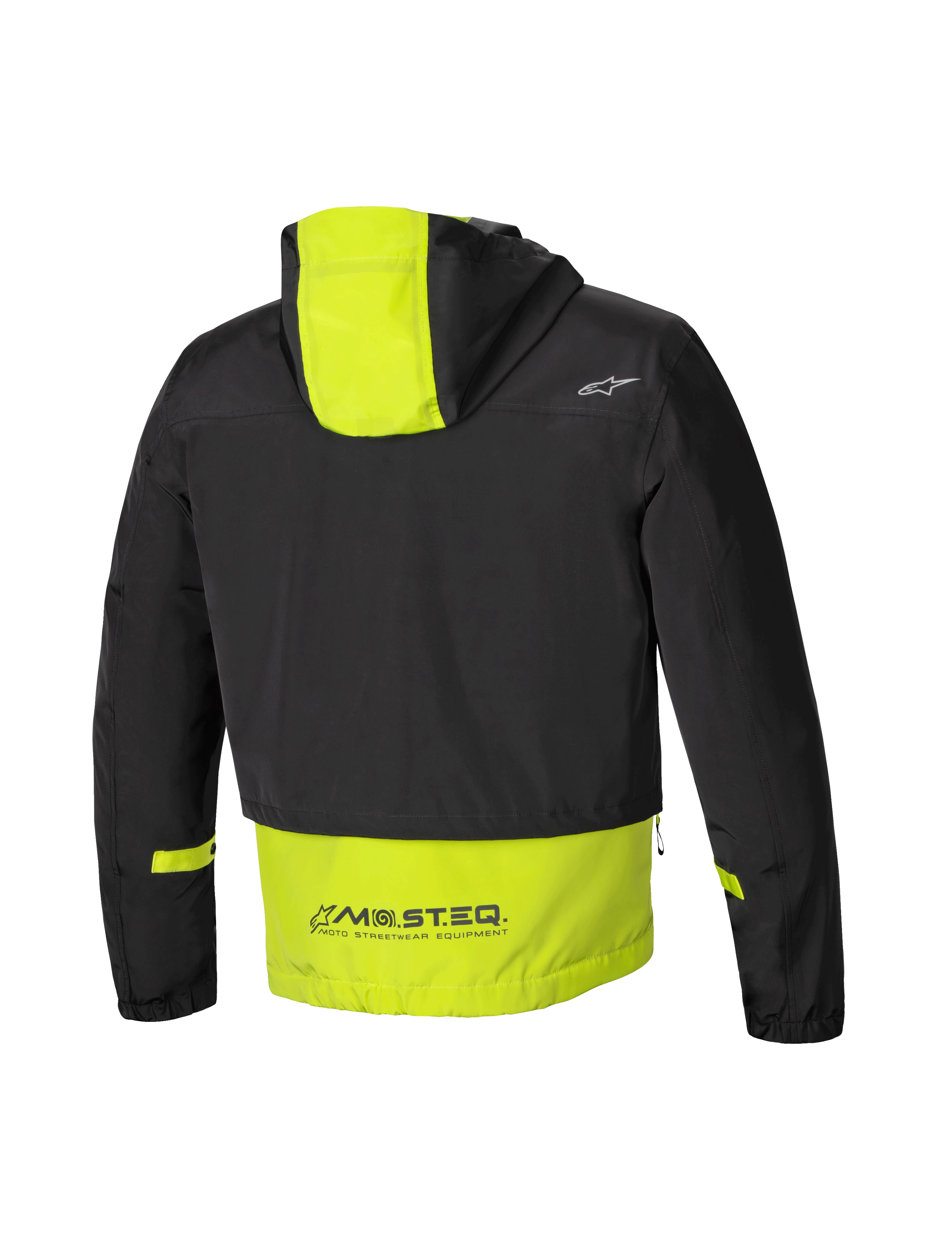 Alpinestars Parka Mootant Impermeabile, giacca moto modulare da uomo, vista posteriore con cappuccio e marchio MO.ST.EQ., nero e lime punch, certificato CE