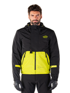 Alpinestars Mootant Waterproof Parka, giacca da moto touring, Lime Punch e nero, design bicolore con cappuccio, parte inferiore giallo brillante e parte superiore nera, cinturini gialli sulle maniche, logo sul petto, stile tecnico modulare