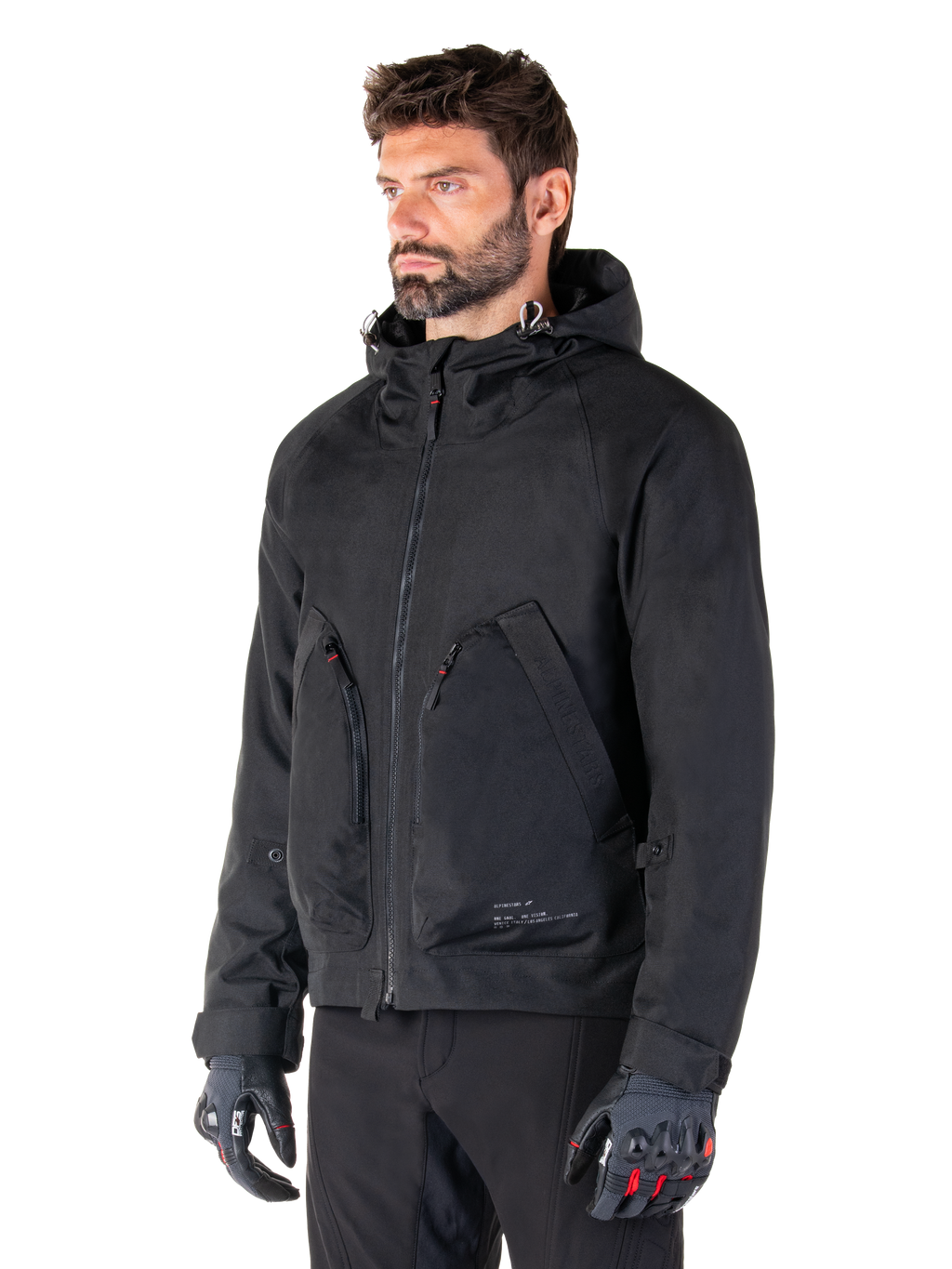 Alpinestars Parka Morush Impermeabile, giacca da moto urban da uomo, nero, tessuto tecnico laminato con cappuccio e tasche frontali 3D, certificato CE, stile streetwear minimalista