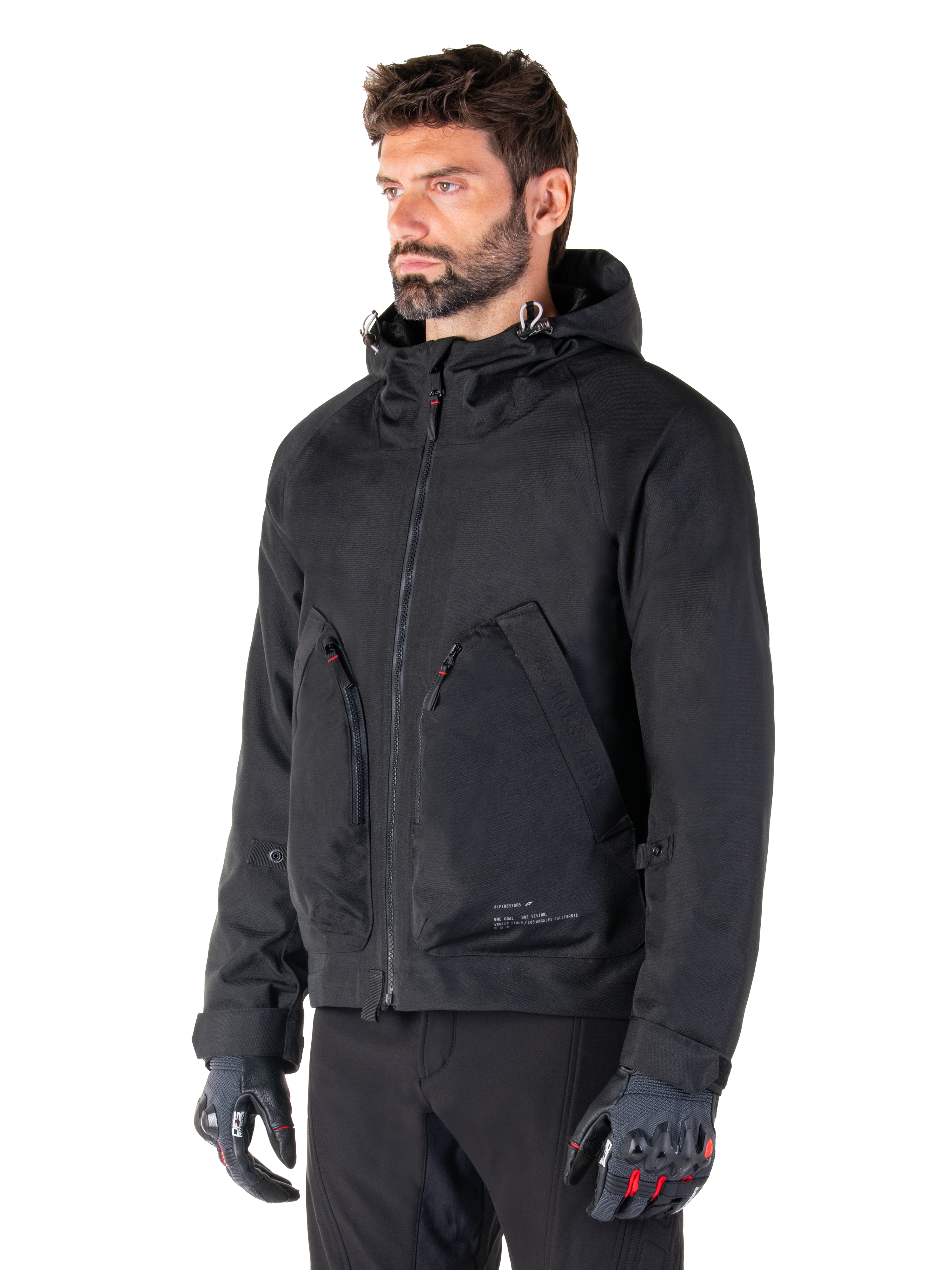 Alpinestars Parka Morush Impermeabile, giacca da moto urban da uomo, nero, tessuto tecnico laminato con cappuccio e tasche frontali 3D, certificato CE, stile streetwear minimalista
