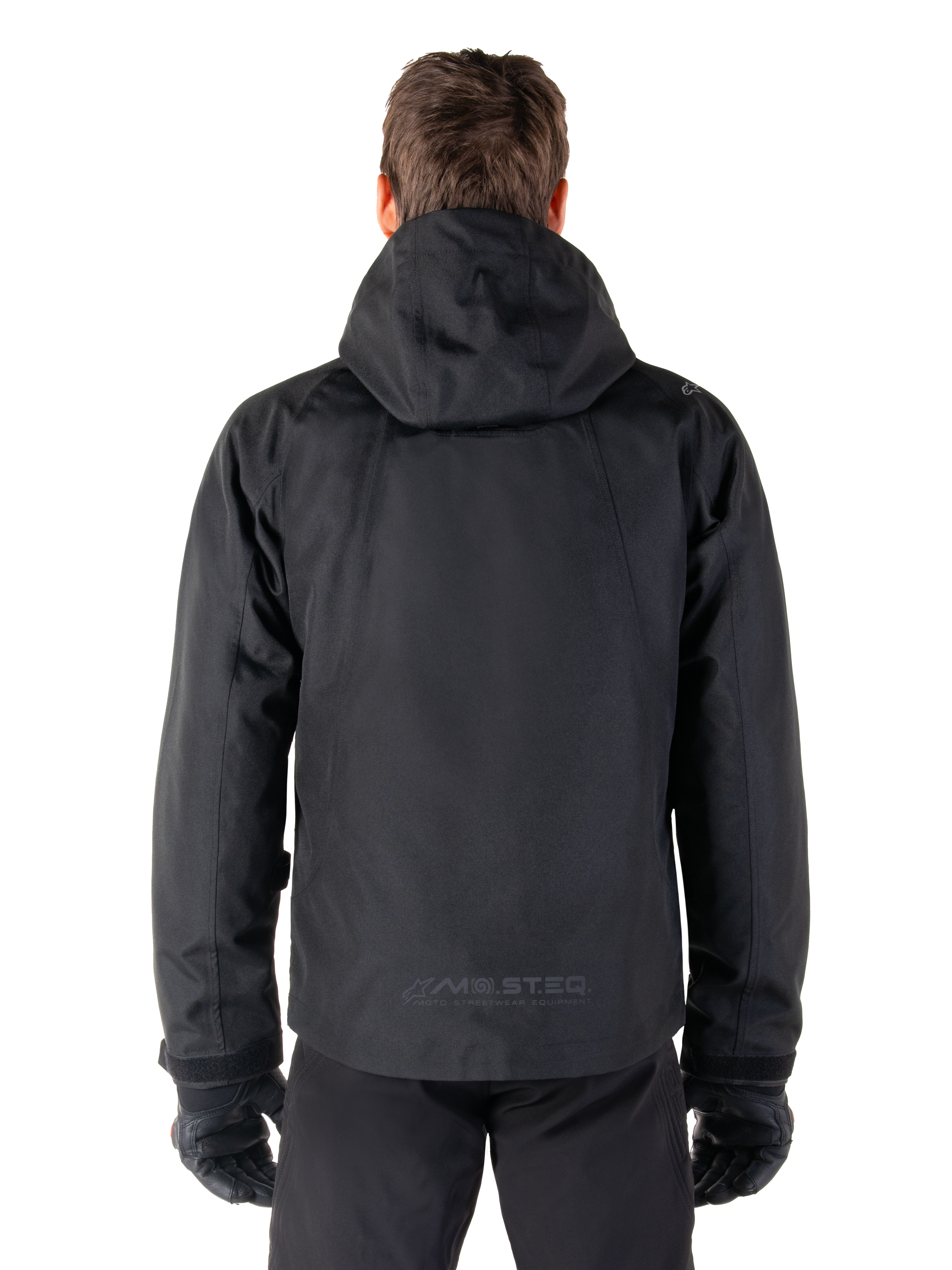 Alpinestars parka Morush impermeabile, giacca da moto urban da uomo, nero, vista posteriore con cappuccio e logo MO.ST.EQ.