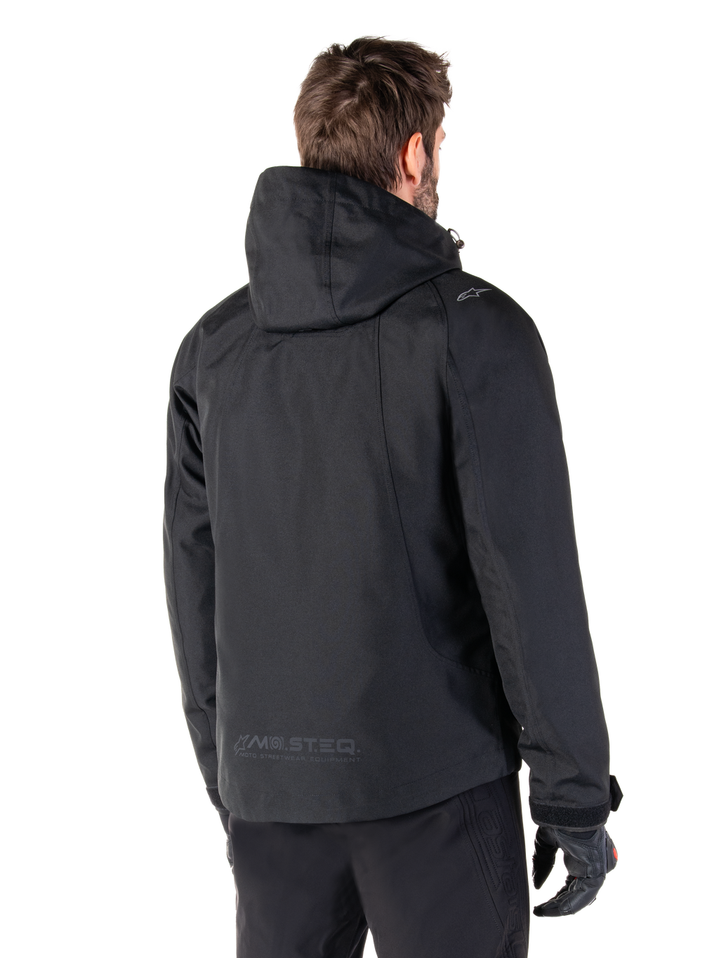 Parka Morush impermeabile Alpinestars, giacca da moto urban nera da uomo, vista posteriore con cappuccio e logo MO.ST.EQ.