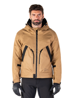 Alpinestars Morush Waterproof Parka, giacca da moto con cappuccio, marrone utility e nero, abbigliamento urban riding, vista frontale con cerniera nera e ampie tasche angolate