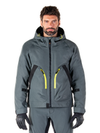 Alpinestars Morush Waterproof Parka, giacca da moto grigio urbano, cerniere giallo vivace e dettagli neri, design con cappuccio e ampie tasche anteriori, stile tecnico ispirato allo streetwear