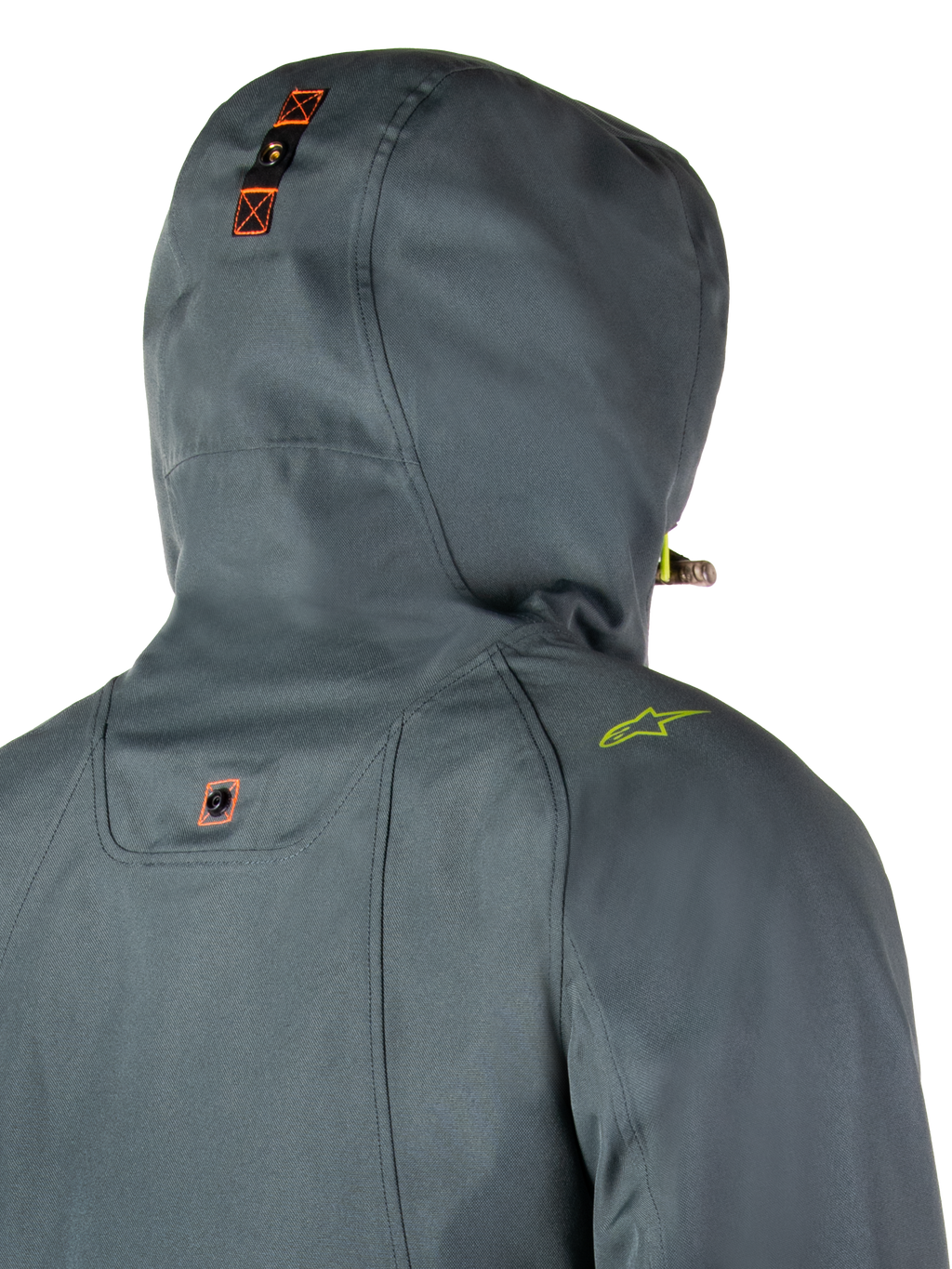 Alpinestars Morush Waterproof Parka, Urban Gray, vista posteriore dettagliata del cappuccio con sistema di ancoraggio a bottoni a pressione e dettagli arancioni, logo sulla spalla verde lime, streetwear motociclistico urbano impermeabile