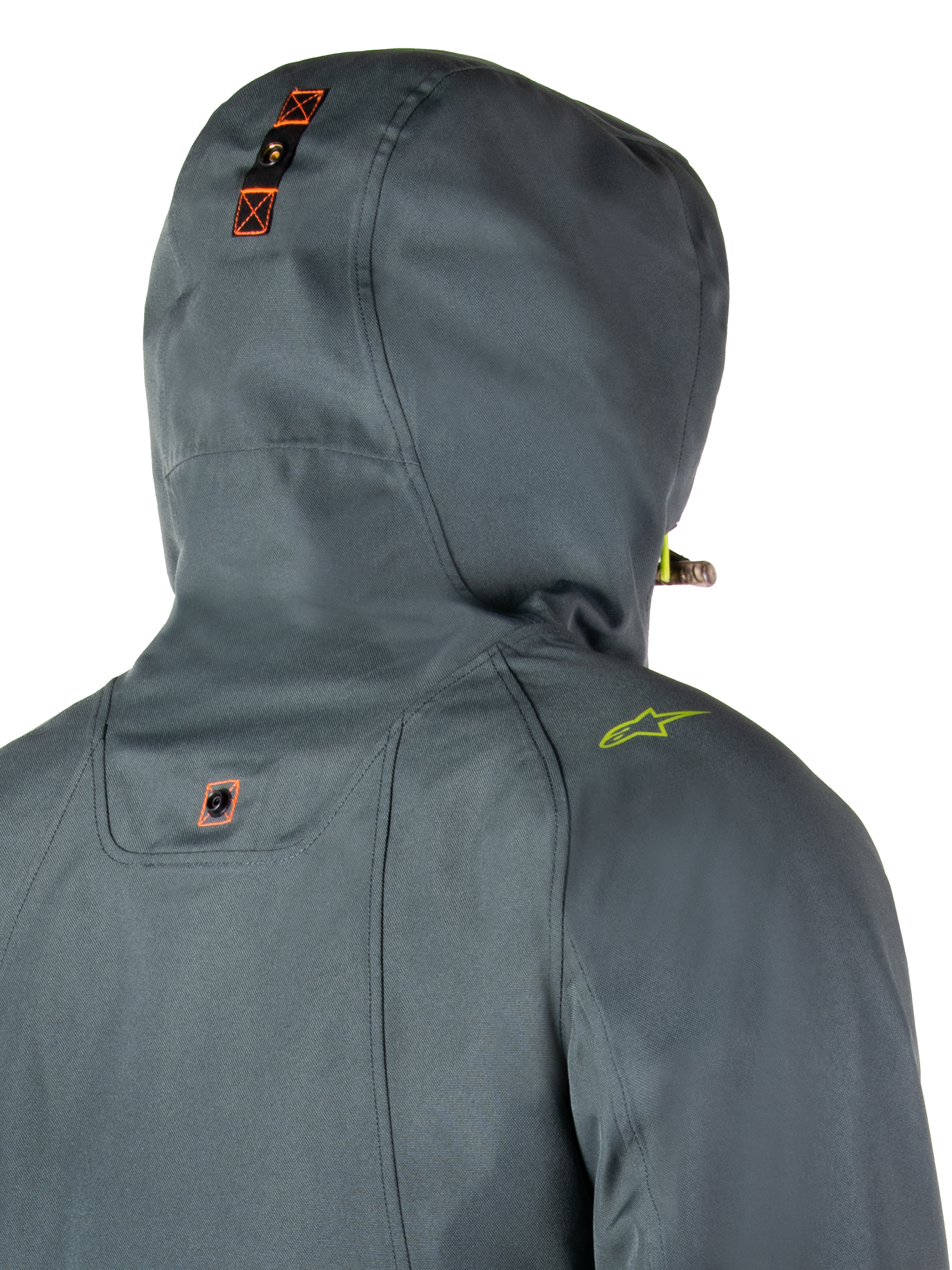 Alpinestars Morush Waterproof Parka, Urban Gray, vista posteriore dettagliata del cappuccio con sistema di ancoraggio a bottoni a pressione e dettagli arancioni, logo sulla spalla verde lime, streetwear motociclistico urbano impermeabile