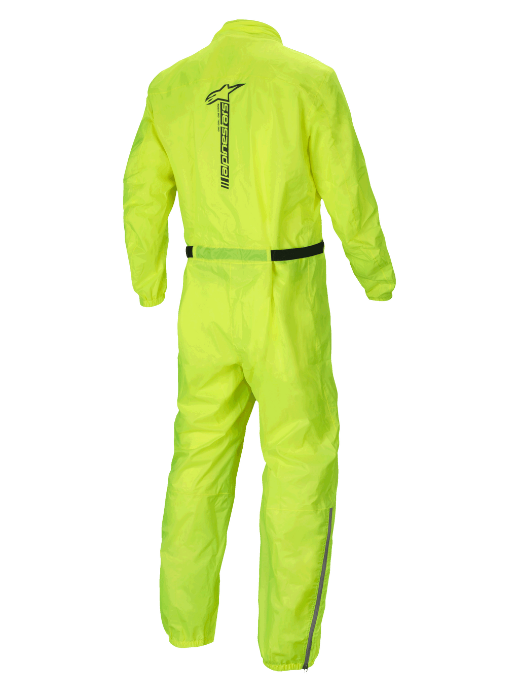 Alpinestars Hurricane Rain V2 Suit, waterproof motorcycle rain suit, Yellow Fluo, rear view showing reflective Alpinestars wordmark and lightweight textile construction
