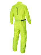 Alpinestars Hurricane Rain V2 Suit, waterproof motorcycle rain suit, Yellow Fluo, rear view showing reflective Alpinestars wordmark and lightweight textile construction