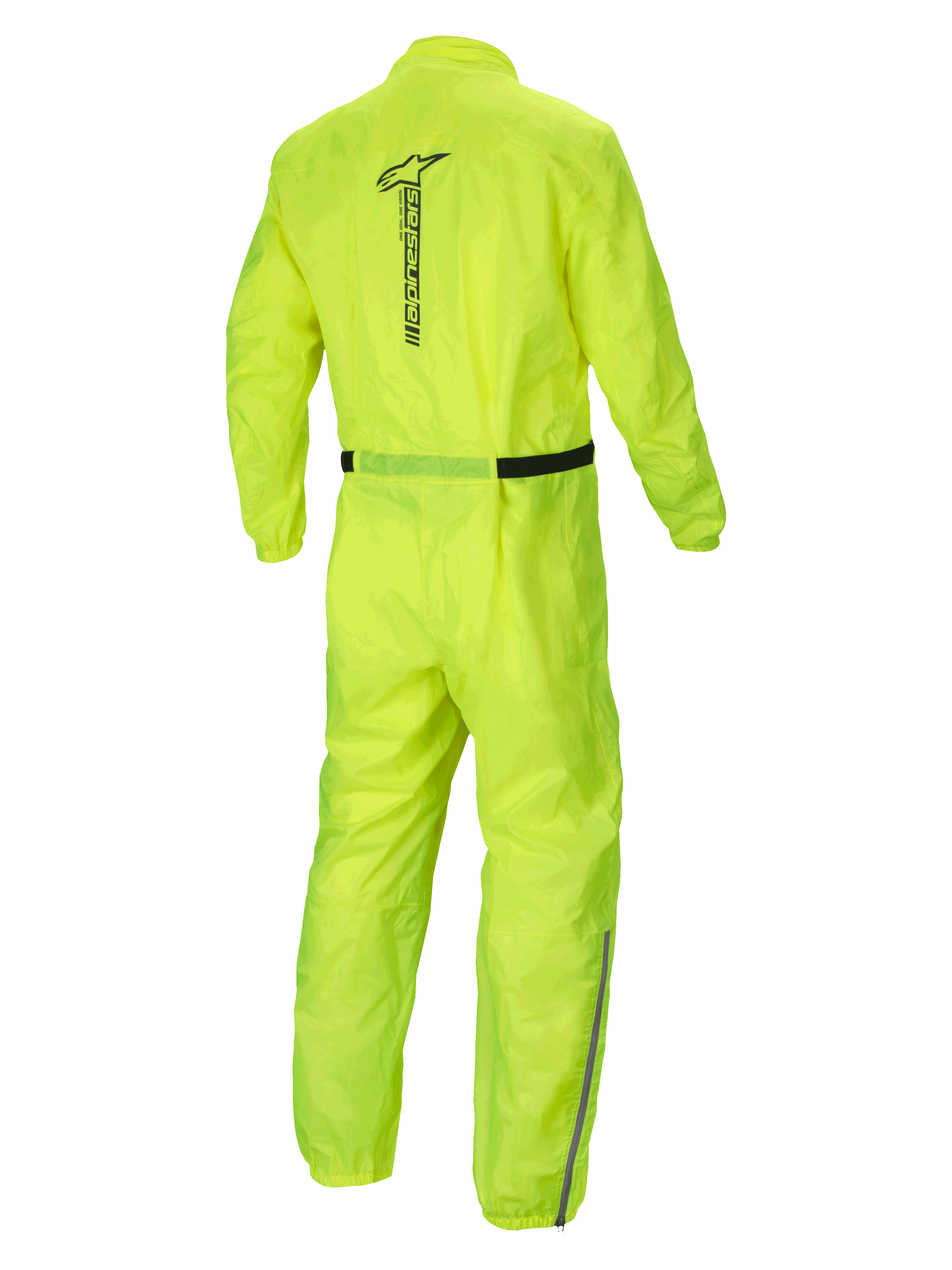 Alpinestars Hurricane Rain V2 Suit, waterproof motorcycle rain suit, Yellow Fluo, rear view showing reflective Alpinestars wordmark and lightweight textile construction