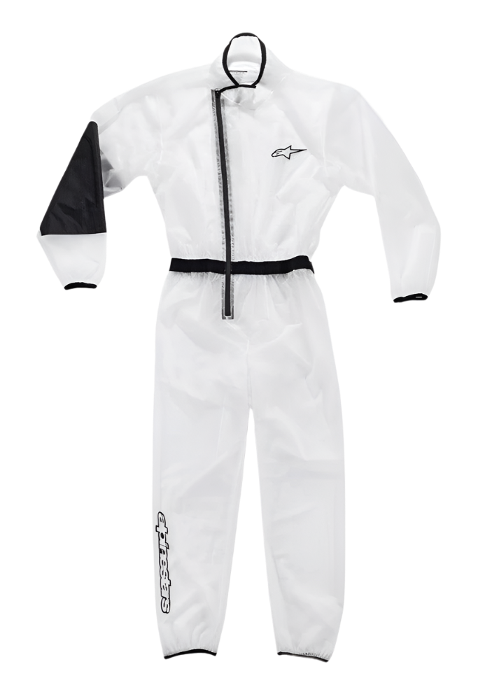 Alpinestars Tuta Antipioggia Kart Ragazzo, sovratuta impermeabile trasparente, trasparente con dettagli neri, dotata di pannello rinforzato nero sul gomito destro, cerniera frontale asimmetrica, vita e polsini elasticizzati, loghi Alpinestars sul petto e sulla parte inferiore della gamba, attrezzatura specializzata per il karting in condizioni di bagnato