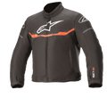 Alpinestars Giacca Youth T-Sp S Waterproof, giacca da moto, nero e rosso fluo, con logo bianco sul petto, striscia orizzontale rosso fluorescente e logo SP-S sulla manica, resistente struttura in tessuto impermeabile per giovani piloti.