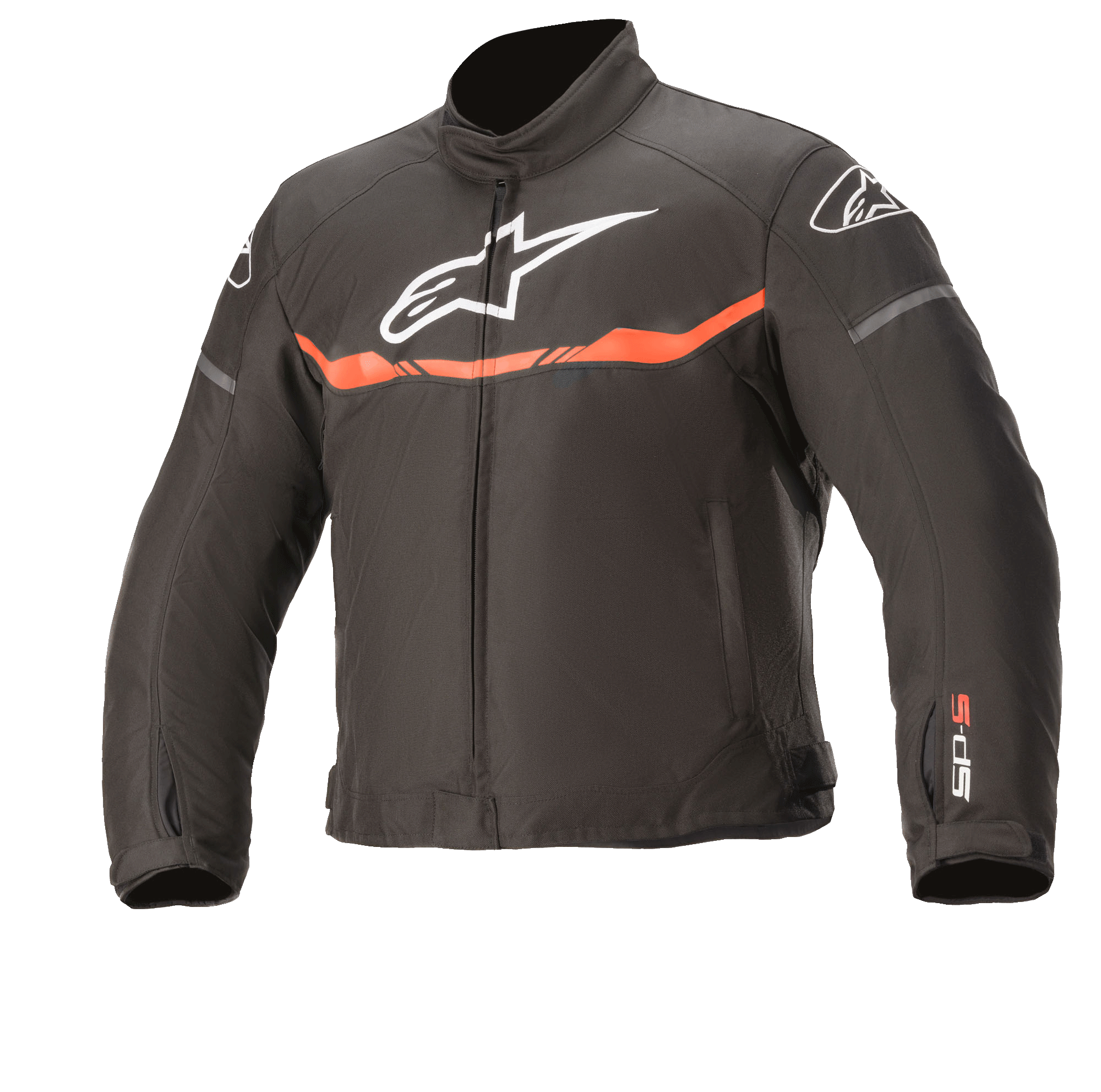 Alpinestars Giacca Youth T-Sp S Waterproof, giacca da moto, nero e rosso fluo, con logo bianco sul petto, striscia orizzontale rosso fluorescente e logo SP-S sulla manica, resistente struttura in tessuto impermeabile per giovani piloti.