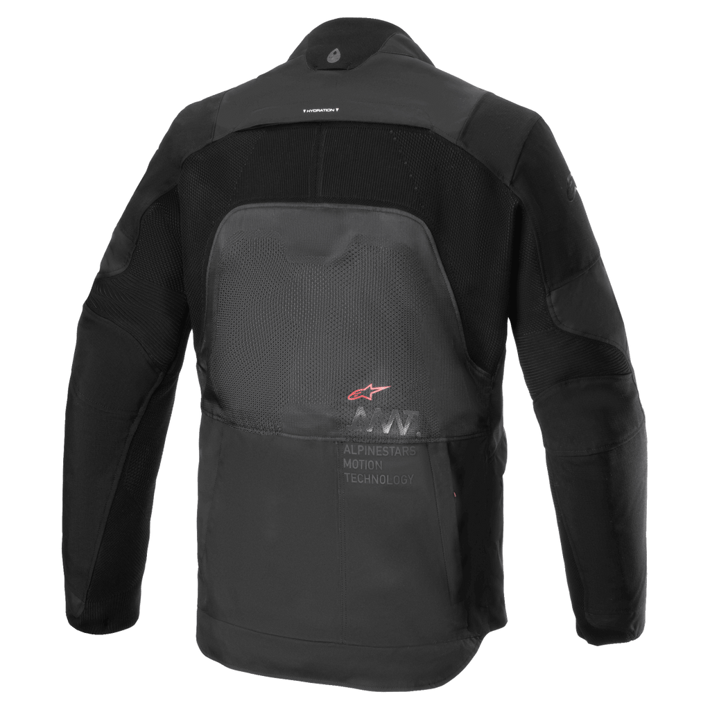 Giacca Alpinestars AMT-7 Air, giacca da moto, nero Dark Shadow, vista posteriore con pannelli di ventilazione MATRYX sulla schiena, CORDURA Ripstop su spalle e braccia e marchio Alpinestars Motion Technology.