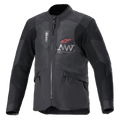 Alpinestars AMT-7 Air Jacket, giacca da moto, nero e Dark Shadow, pannelli di ventilazione in mesh MATRYX sul petto, logo a stella rosso con marchio AMT argento, tasche cargo anteriori con zip, design in tessuto per adventure e road touring