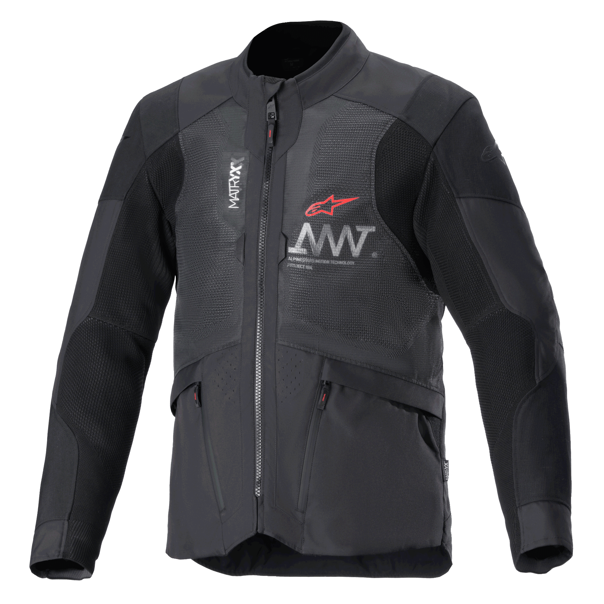 Alpinestars AMT-7 Air Jacket, giacca da moto, nero e Dark Shadow, pannelli di ventilazione in mesh MATRYX sul petto, logo a stella rosso con marchio AMT argento, tasche cargo anteriori con zip, design in tessuto per adventure e road touring