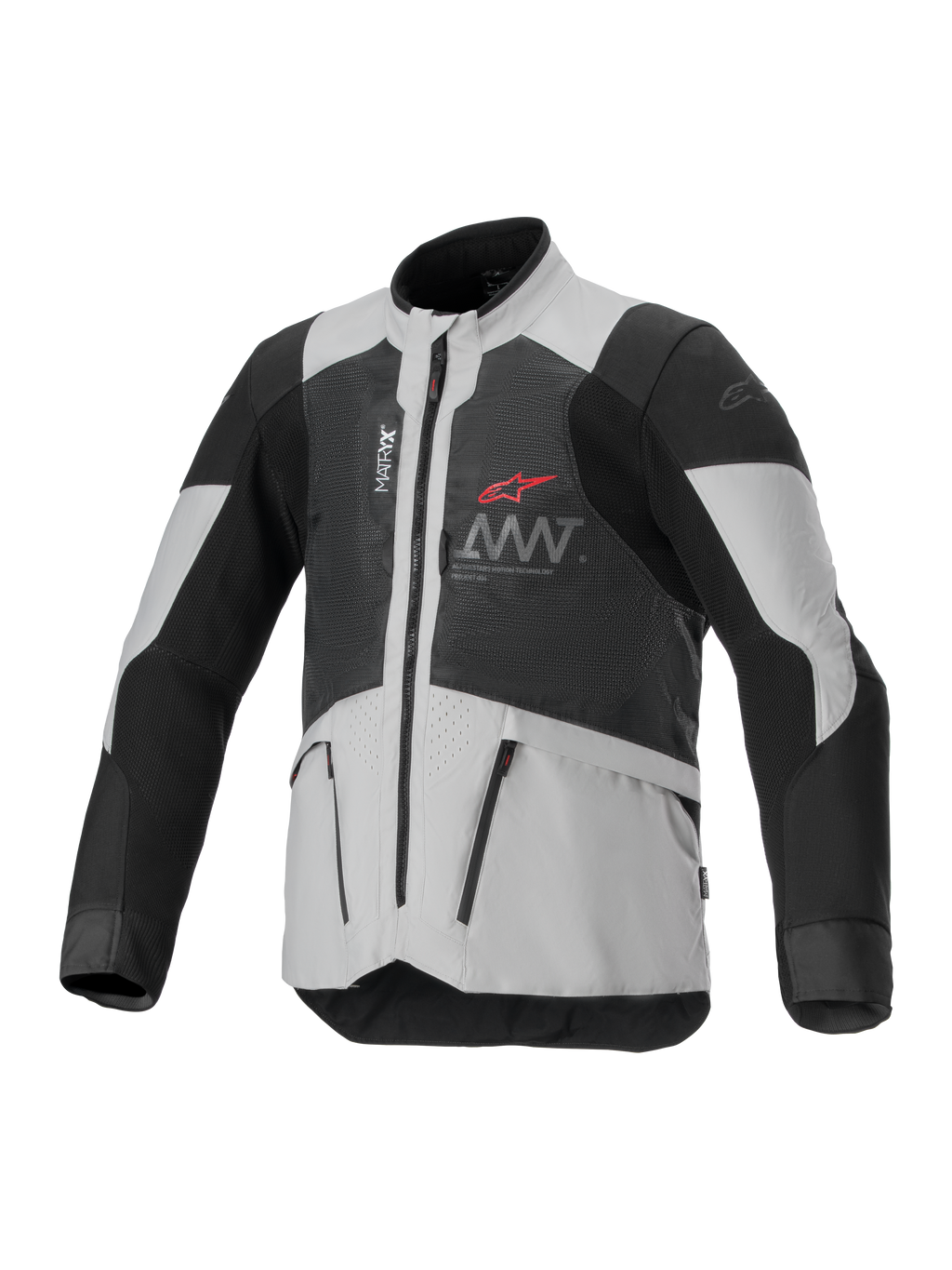 Alpinestars AMT-7 Air Jacket, giacca da moto ventilata, nero e bianco, con pannelli di ventilazione MATRYX, tasche con zip e colletto alto, design sportivo con logo Alpinestars rosso