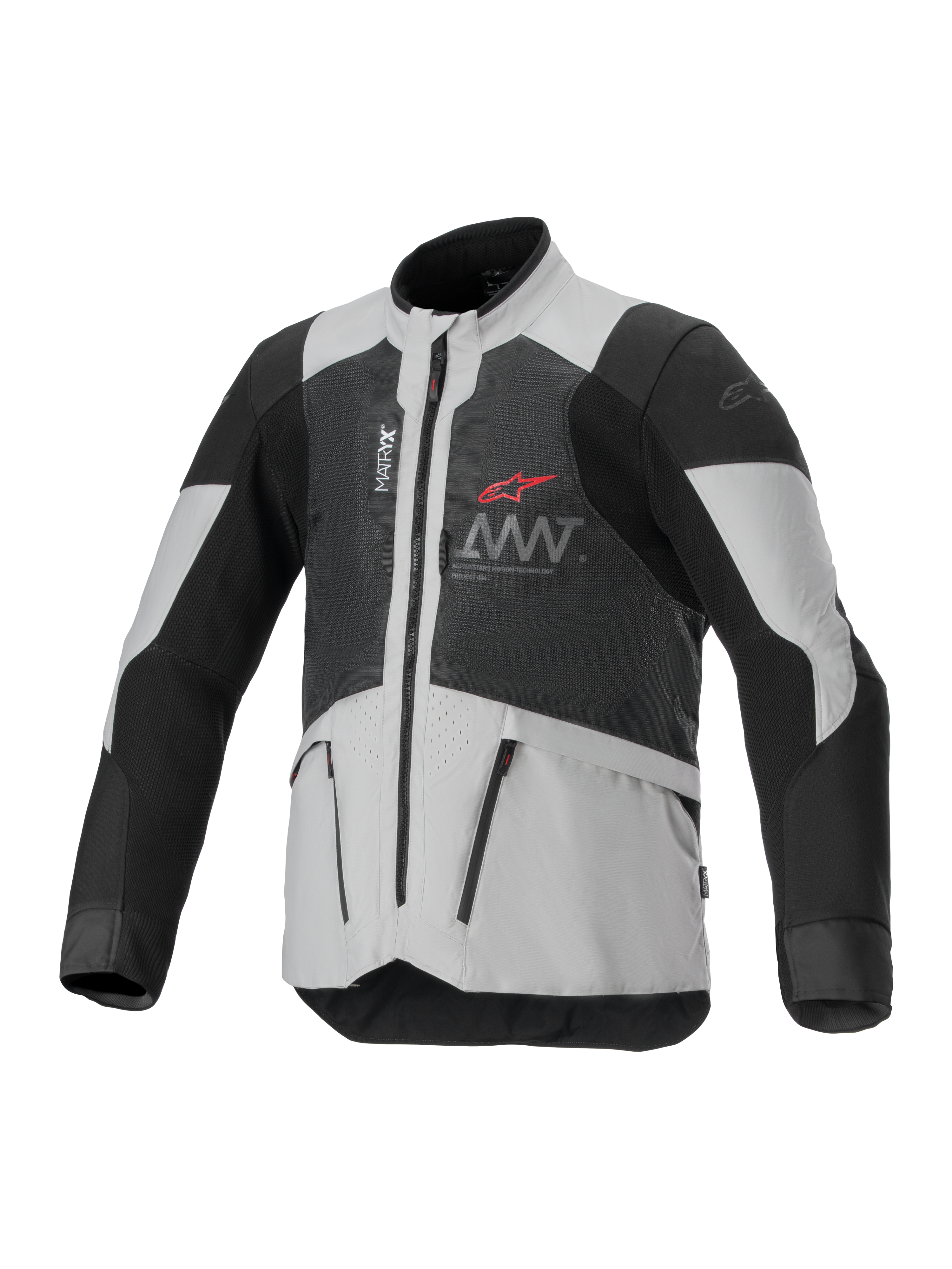 Alpinestars AMT-7 Air Jacket, giacca da moto ventilata, nero e bianco, con pannelli di ventilazione MATRYX, tasche con zip e colletto alto, design sportivo con logo Alpinestars rosso