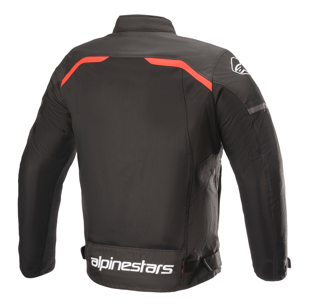 Alpinestars T-SPS Superair Jacket, giacca da moto in tessuto, nero con accenti rosso brillante, vista posteriore con ampi pannelli di ventilazione in mesh, profili rossi sulle spalle e logo Alpinestars bianco sulla parte bassa della schiena