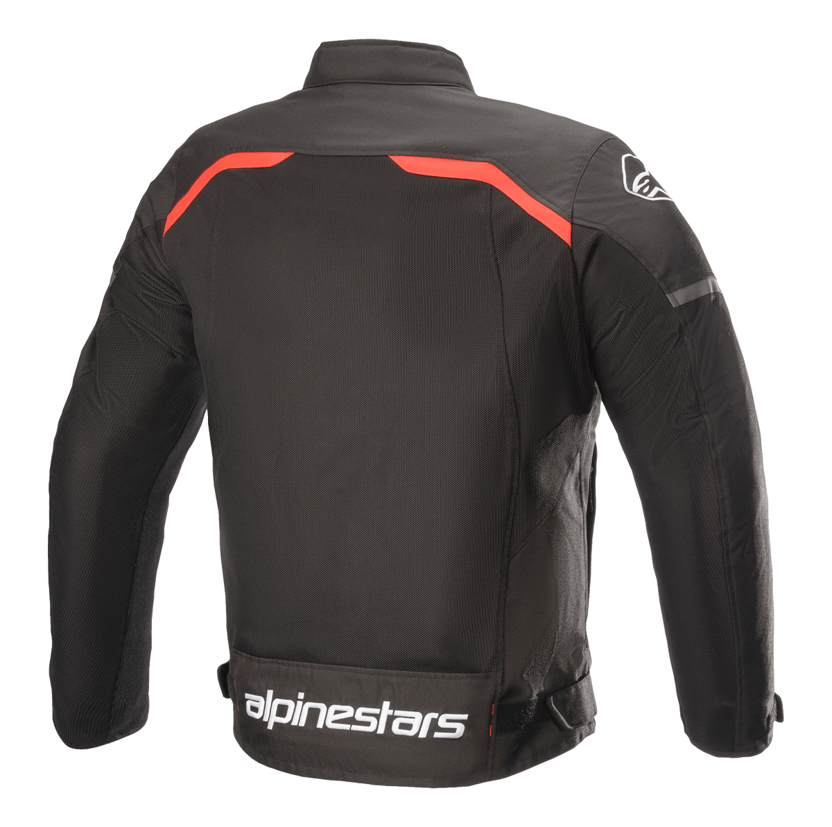 Alpinestars T-SPS Superair Jacket, giacca da moto in tessuto, nero con accenti rosso brillante, vista posteriore con ampi pannelli di ventilazione in mesh, profili rossi sulle spalle e logo Alpinestars bianco sulla parte bassa della schiena
