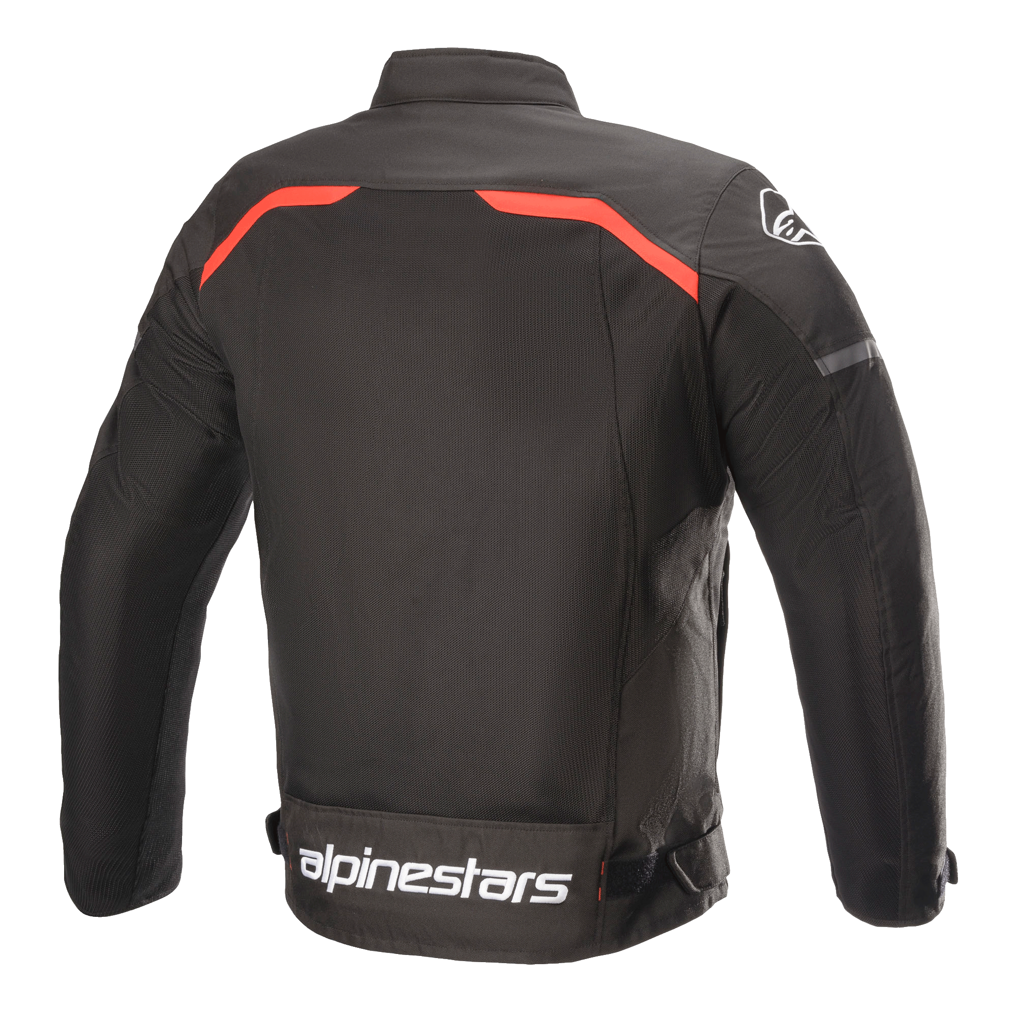 Alpinestars T-SPS Superair Jacket, giacca da moto in tessuto, nero con accenti rosso brillante, vista posteriore con ampi pannelli di ventilazione in mesh, profili rossi sulle spalle e logo Alpinestars bianco sulla parte bassa della schiena