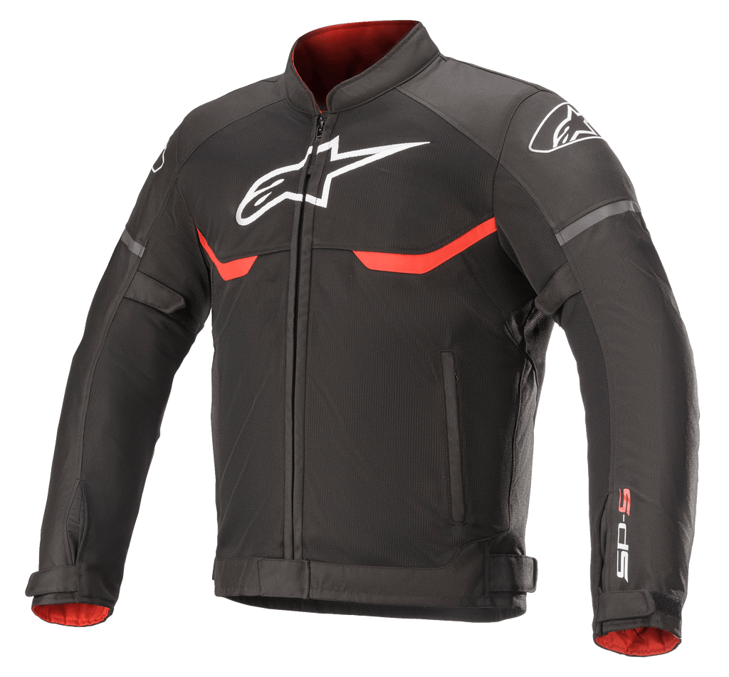 Alpinestars T-SPS Superair Jacket, giacca da moto in tessuto, nero con dettagli rosso brillante e bianchi, pannelli di ventilazione in mesh, logo Astars bianco su petto e spalle, fodera interna rossa