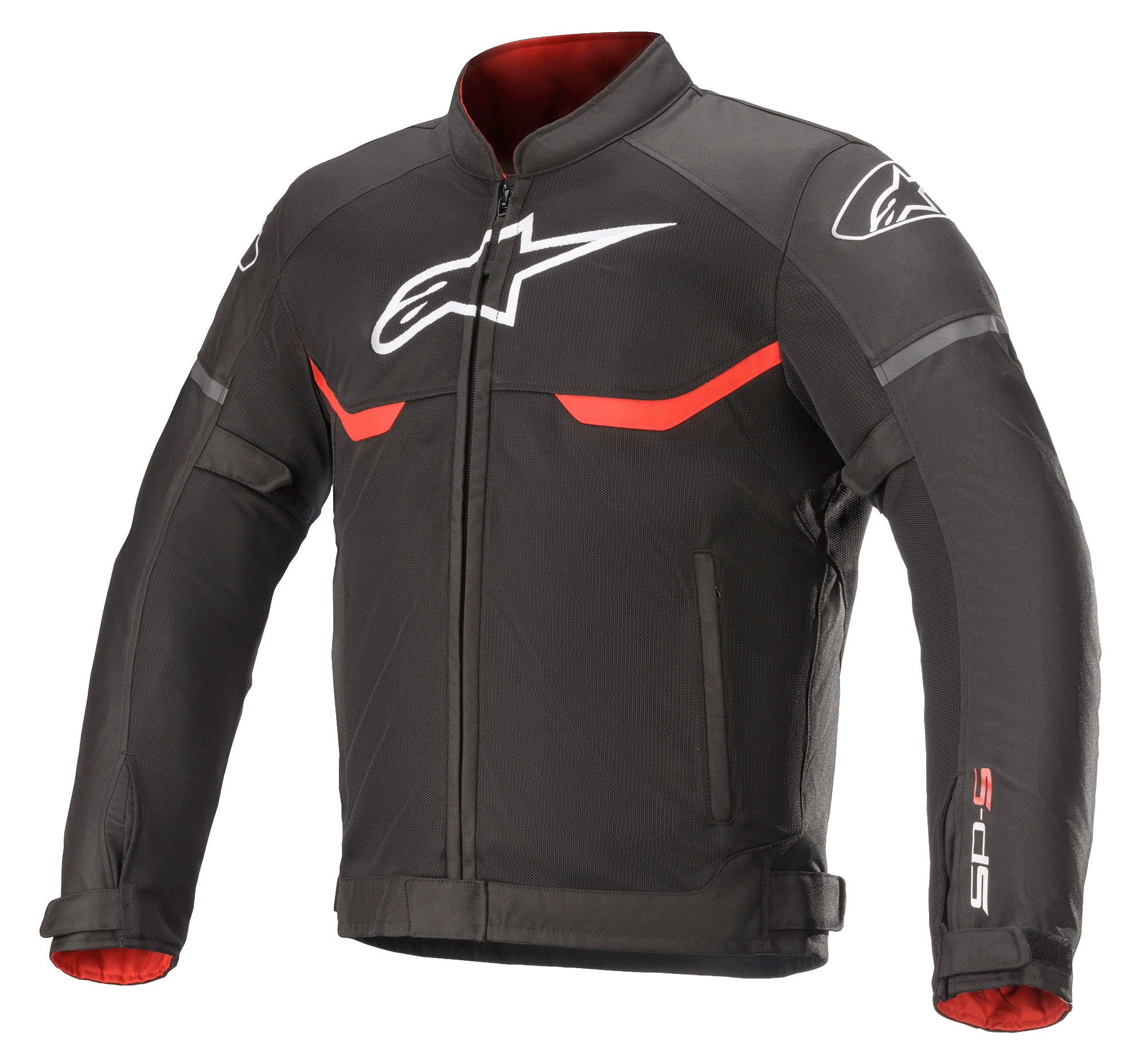Alpinestars T-SPS Superair Jacket, giacca da moto in tessuto, nero con dettagli rosso brillante e bianchi, pannelli di ventilazione in mesh, logo Astars bianco su petto e spalle, fodera interna rossa