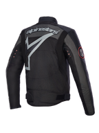 Giacca Alpinestars Axton, giacca da moto, nero antracite rosso tangerine, vista posteriore con grande logo grigio avvolgente e scritta, pannelli a fisarmonica sulle spalle e occhielli in metallo vintage sulle maniche, costruzione in tessuto e pelle