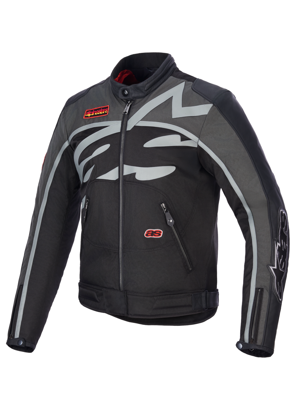 Giacca Alpinestars Axton, giacca da moto, Nero Antracite Rosso Mandarino, con un grande logo grigio avvolgente sul petto, patch rosse con marchio, costruzione in tessuto e pelle, design d'ispirazione racing vintage per la guida urbana e su strada