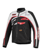 Alpinestars Axton Jacket, giacca da moto, nero, bianco sporco e rosso acceso, design d'ispirazione racing vintage con audace logo Alpinestars avvolgente, costruzione in tessuto e pelle, tasche con zip e colletto da biker