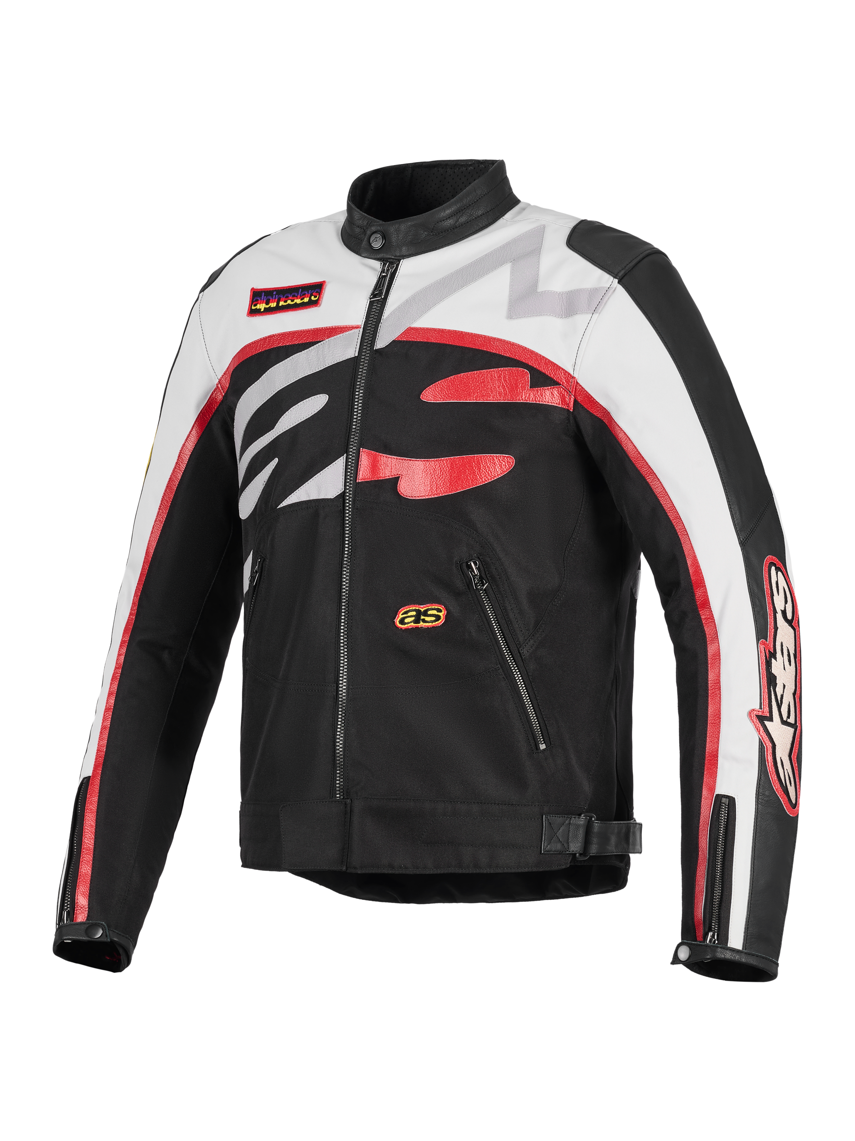 Alpinestars Axton Jacket, giacca da moto, nero, bianco sporco e rosso acceso, design d'ispirazione racing vintage con audace logo Alpinestars avvolgente, costruzione in tessuto e pelle, tasche con zip e colletto da biker