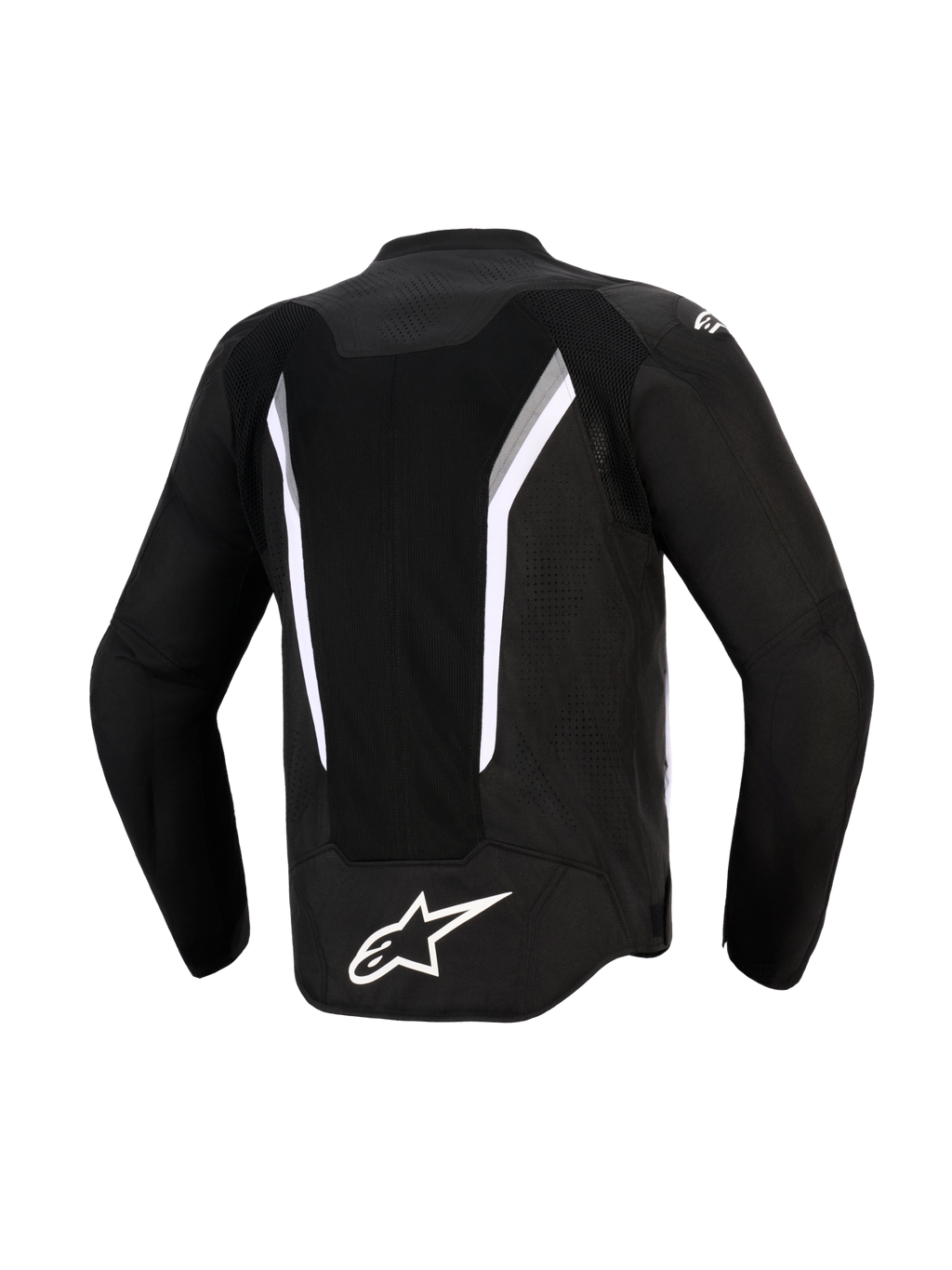 Giacca Alpinestars AST V3 Air, vista posteriore, nero con accenti bianchi e grigio scuro, caratterizzata da un ampio pannello di ventilazione in mesh, logo Alpinestars bianco sulla parte bassa della schiena e zone traforate al laser, giacca da moto tecnica con vestibilità sportiva