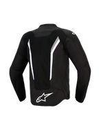 Giacca Alpinestars AST V3 Air, vista posteriore, nero con accenti bianchi e grigio scuro, caratterizzata da un ampio pannello di ventilazione in mesh, logo Alpinestars bianco sulla parte bassa della schiena e zone traforate al laser, giacca da moto tecnica con vestibilità sportiva