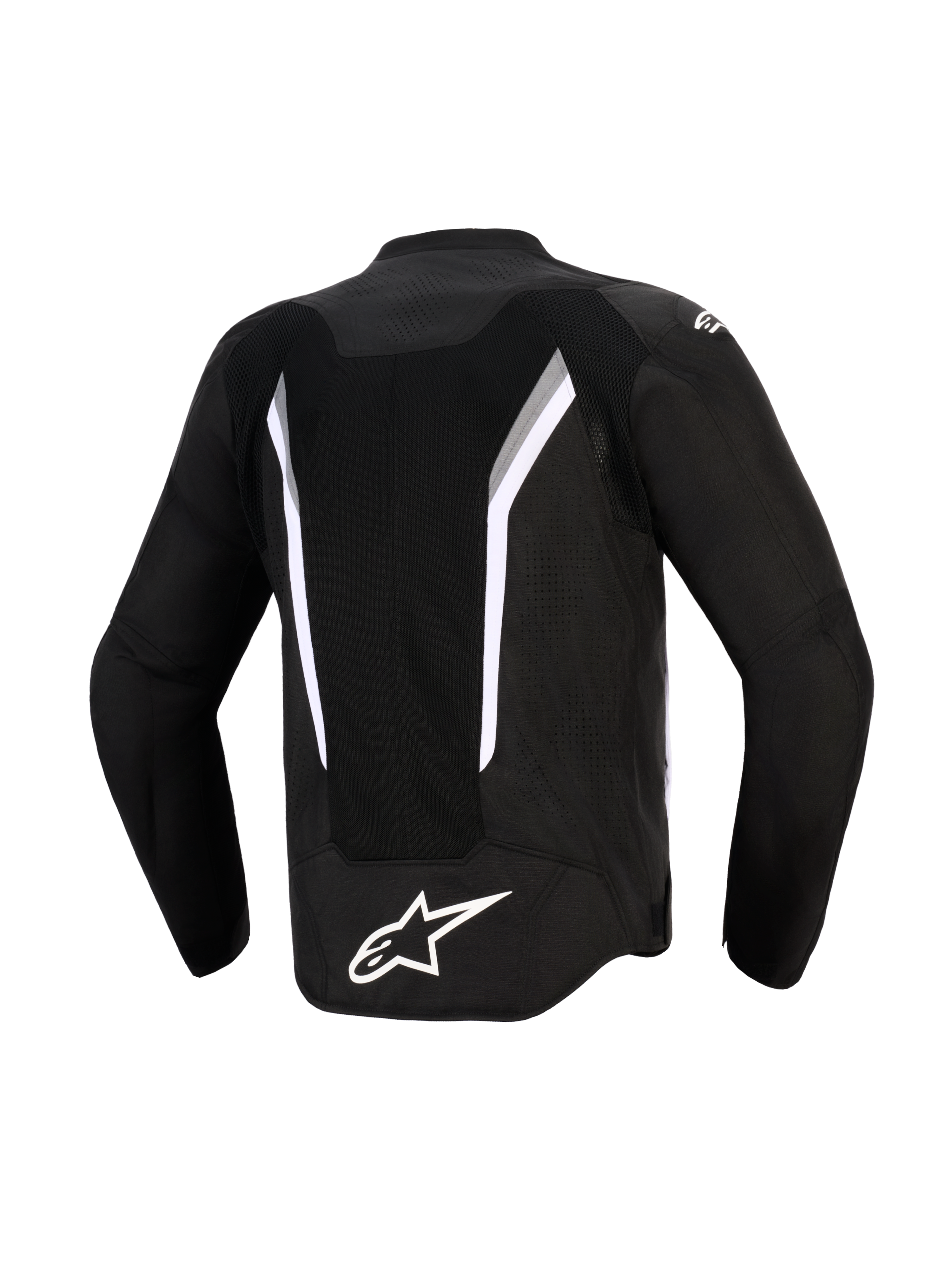 Giacca Alpinestars AST V3 Air, vista posteriore, nero con accenti bianchi e grigio scuro, caratterizzata da un ampio pannello di ventilazione in mesh, logo Alpinestars bianco sulla parte bassa della schiena e zone traforate al laser, giacca da moto tecnica con vestibilità sportiva