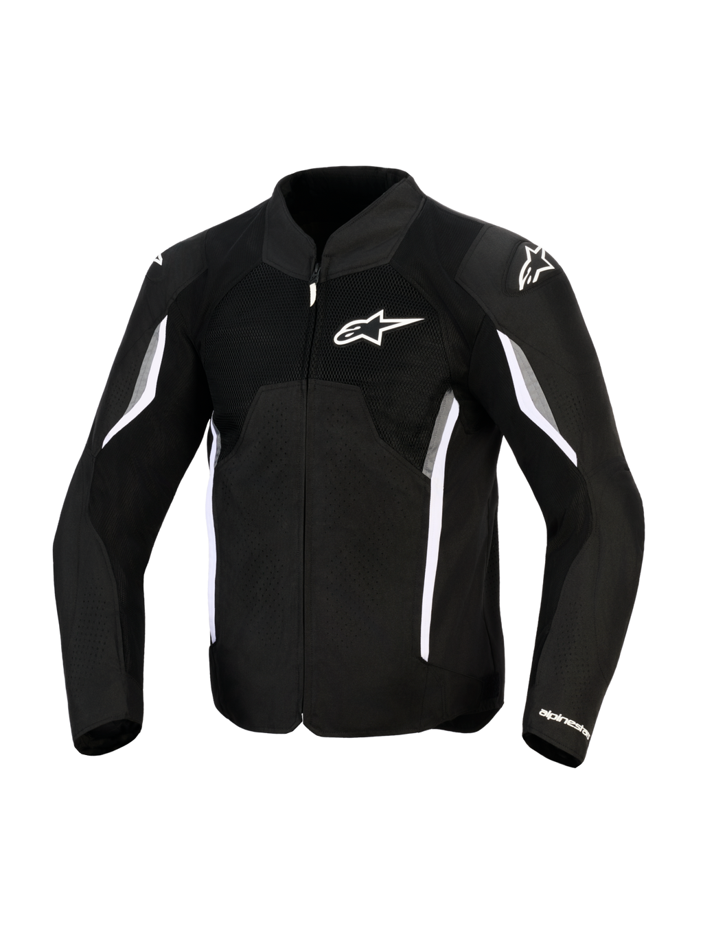 Alpinestars AST V3 Air Jacket, giacca da moto, nero, grigio scuro e bianco, vista frontale con pannelli di ventilazione in mesh, logo Alpinestars bianco sul petto e slider sulle spalle, design sportivo con accenti bianchi e grigi sulle maniche.
