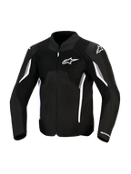 Alpinestars AST V3 Air Jacket, giacca da moto, nero, grigio scuro e bianco, vista frontale con pannelli di ventilazione in mesh, logo Alpinestars bianco sul petto e slider sulle spalle, design sportivo con accenti bianchi e grigi sulle maniche.
