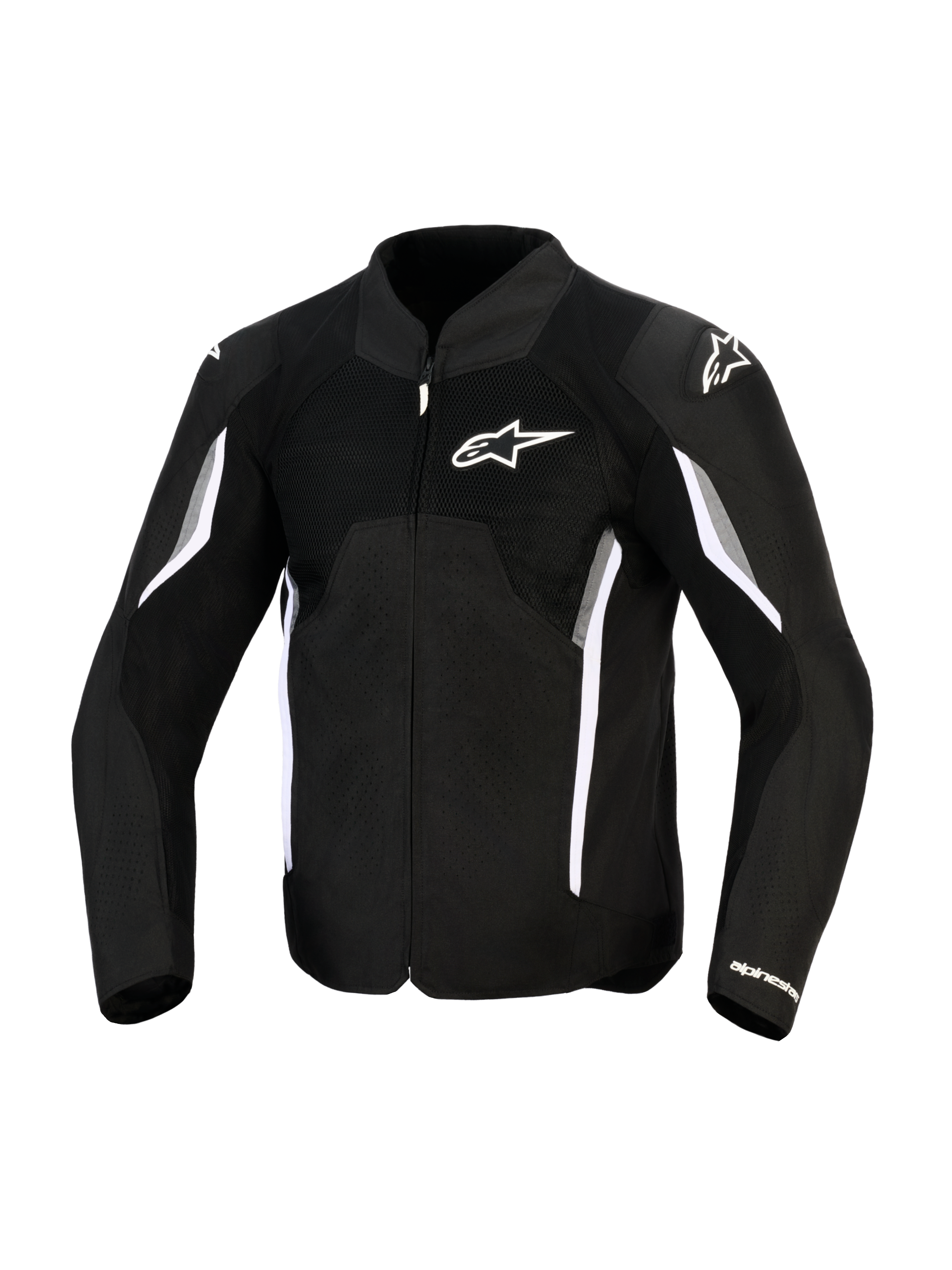 Alpinestars AST V3 Air Jacket, giacca da moto, nero, grigio scuro e bianco, vista frontale con pannelli di ventilazione in mesh, logo Alpinestars bianco sul petto e slider sulle spalle, design sportivo con accenti bianchi e grigi sulle maniche.