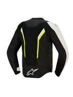 Giacca Alpinestars AST V3 Air, vista posteriore, nero argento e giallo fluo, giacca da moto in tessuto con ampi pannelli in mesh per il flusso d'aria, accenti fluorescenti e logo bianco sulla parte inferiore della schiena